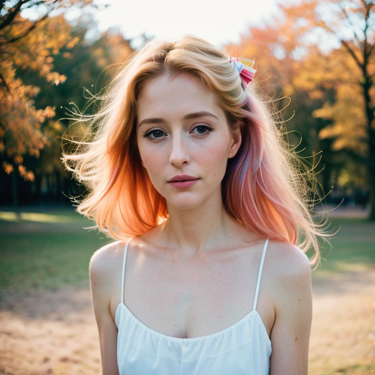 (8k, best quality, masterpiece:1.2),(best quality:1.0), (ultra highres:1.0), pencil colors, Gillian Anderson, shoulder, hair ribbons, by agnes cecile, full body photography, extremely luminous bright design, pastel colors, (ink:1.3), autumn lights,