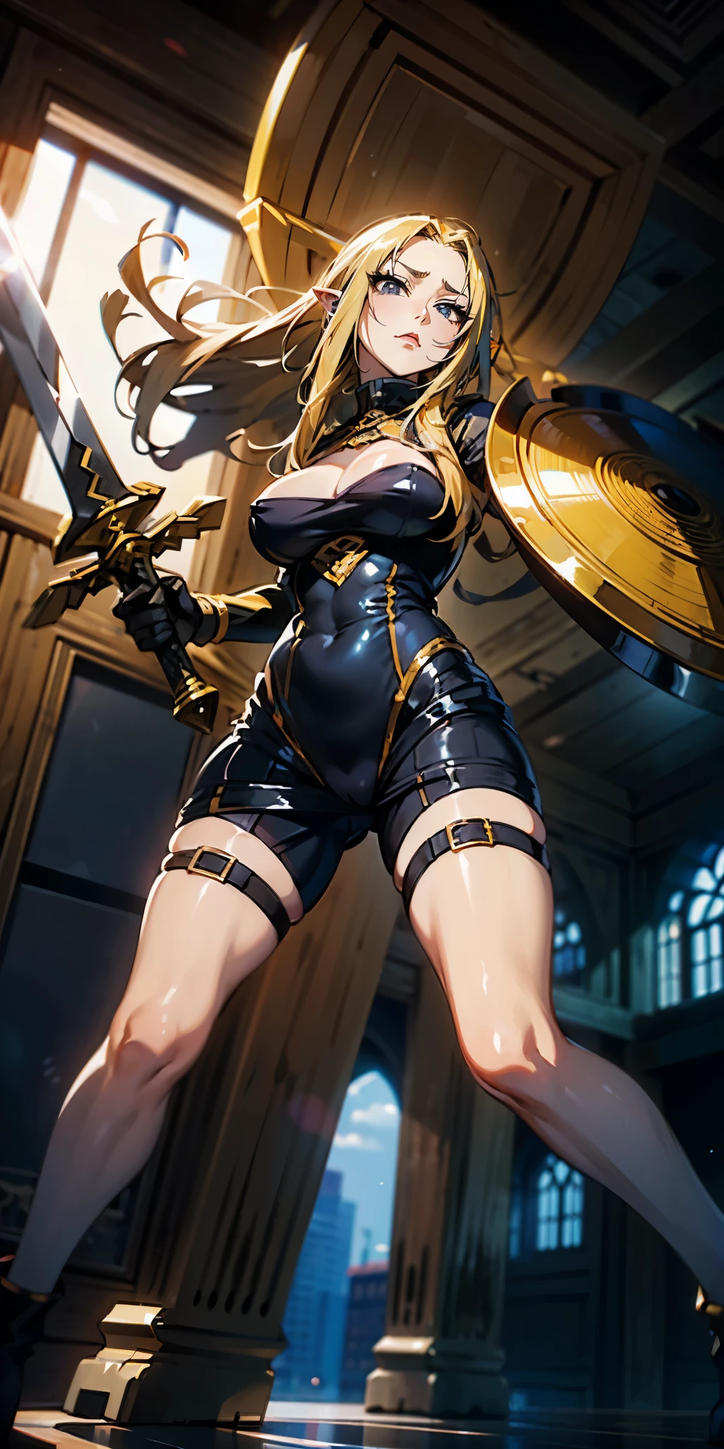 (blonde hair, long hair:1.3), pointy ears, curvy, ((anatomically correct:1.3)), heavy breathing, huge breasts, epic art, fantasy, breast press, 1girl, solo, breasts, latex body, bodysuit, sword, holding sword, shield, hodling shield, field, bokeh, hair flowing over, white_legwear, (shaded face:1.2), hollow eyes, grey eyes, looking at viewer, (heavy breathing:1.2), expressionless, glaring eyes, 