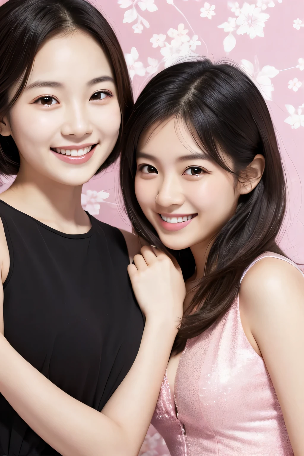 Two women in their 20s。Beautiful smile。Pink wallpaper background。It's beautiful without being too cute.。