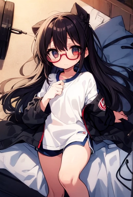 (Big red round glasses:1.3)、(Timid girl、sorrow、blush、Watery eye:1.2)、Long black hair、White short sleeve shirt、Navy blue shorts、(Gym suit)、 、Flat body、Thin thighs