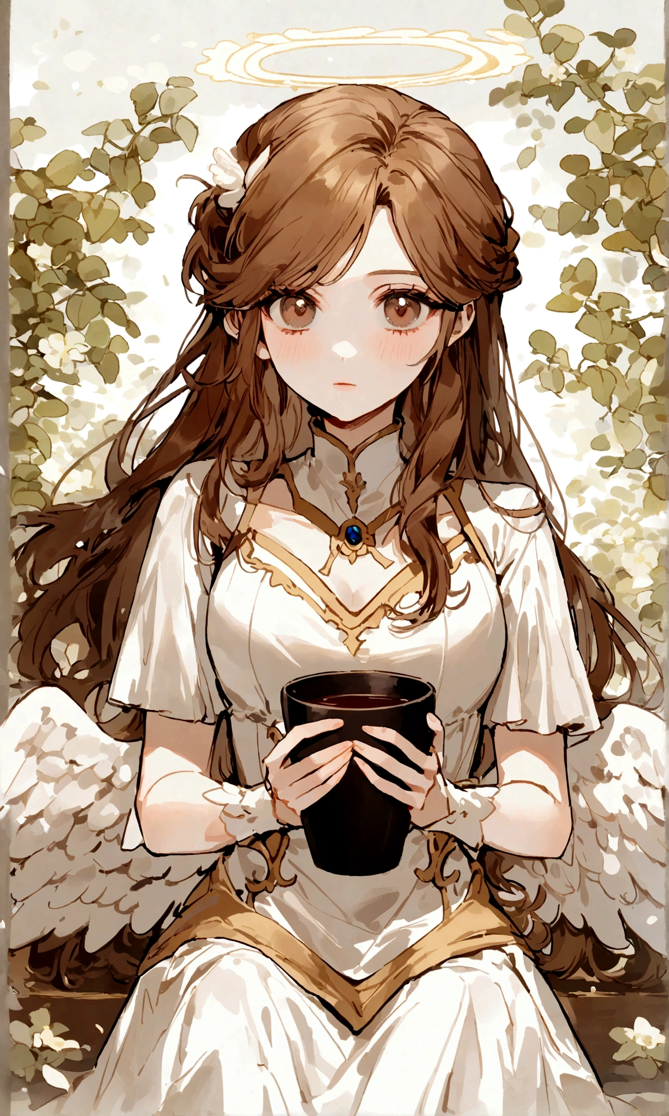 (brown hair swept bangs:1.3), (Daisaku),(Need),(Super meticulous),(full bodyesbian:1.2), there is a woman sitting on a bench with an angel wings on her head, angel-themed, wearing angel, angel themed, full - body majestic angel, dark angel of coffee, ellie bamber fairy, angel girl, wearing angel halo, jovana rikalo, inspired by Marie Angel, inspired by Glòria Muñoz, (beautiful detailed face),(Beautiful and delicate eyes),