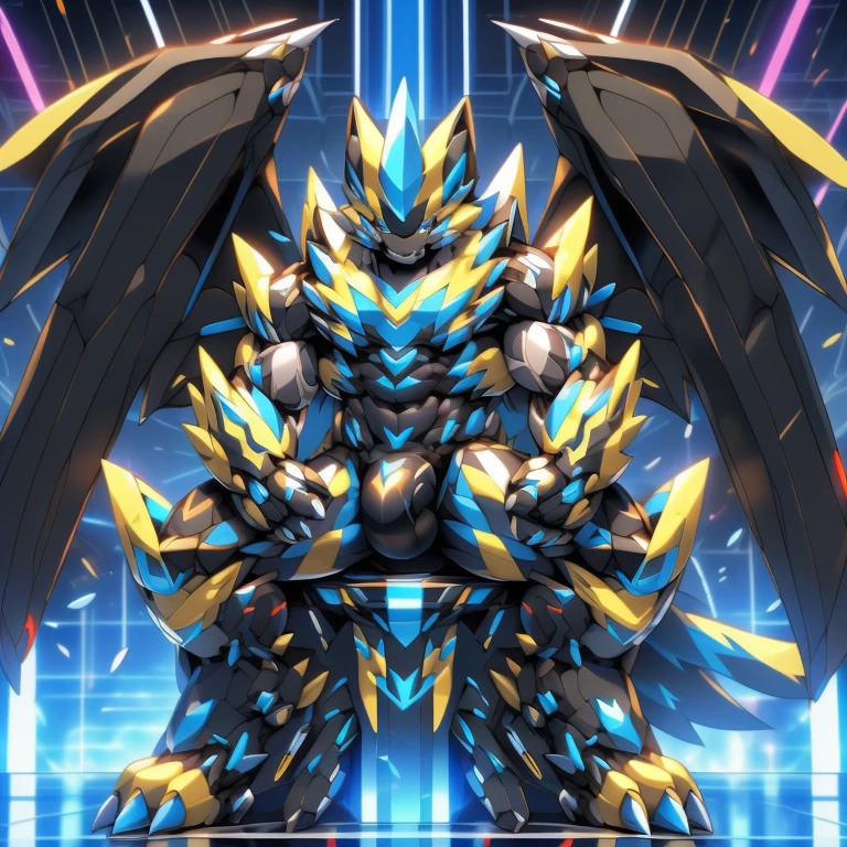 (ZERAORA, 8K), (Zeraora's giant robot, Powered exoskeleton with the same design as Zeraora), (Masterpiece, highres) (Detailed head, Detailed Body, Detailed abs, full body) (gigantic muscles, Gigachad Muscular, big muscle, pecs, triceps, traps, unusually developed muscular body, body full of huge muscles. showing off muscles, pectorales enormes, Exaggeratedly huge muscles.) (nj5furry, The claws are sharp, Sharp teeth, sharp claws), (long legs), (Spread wings, It has wings, have big wings, golden wings), (Wrestling, wrestler, the bodybuilding), (It has wings, whole body shines like metal, Wearing cyberpunk mecha, emphasizes the muscles, suit fully made of metal, intricate armor, Robotic suit, suit fully made of metal, cyborg), (black color hyper penis, hyper black penis), sitting on the throne, menacing pose, 