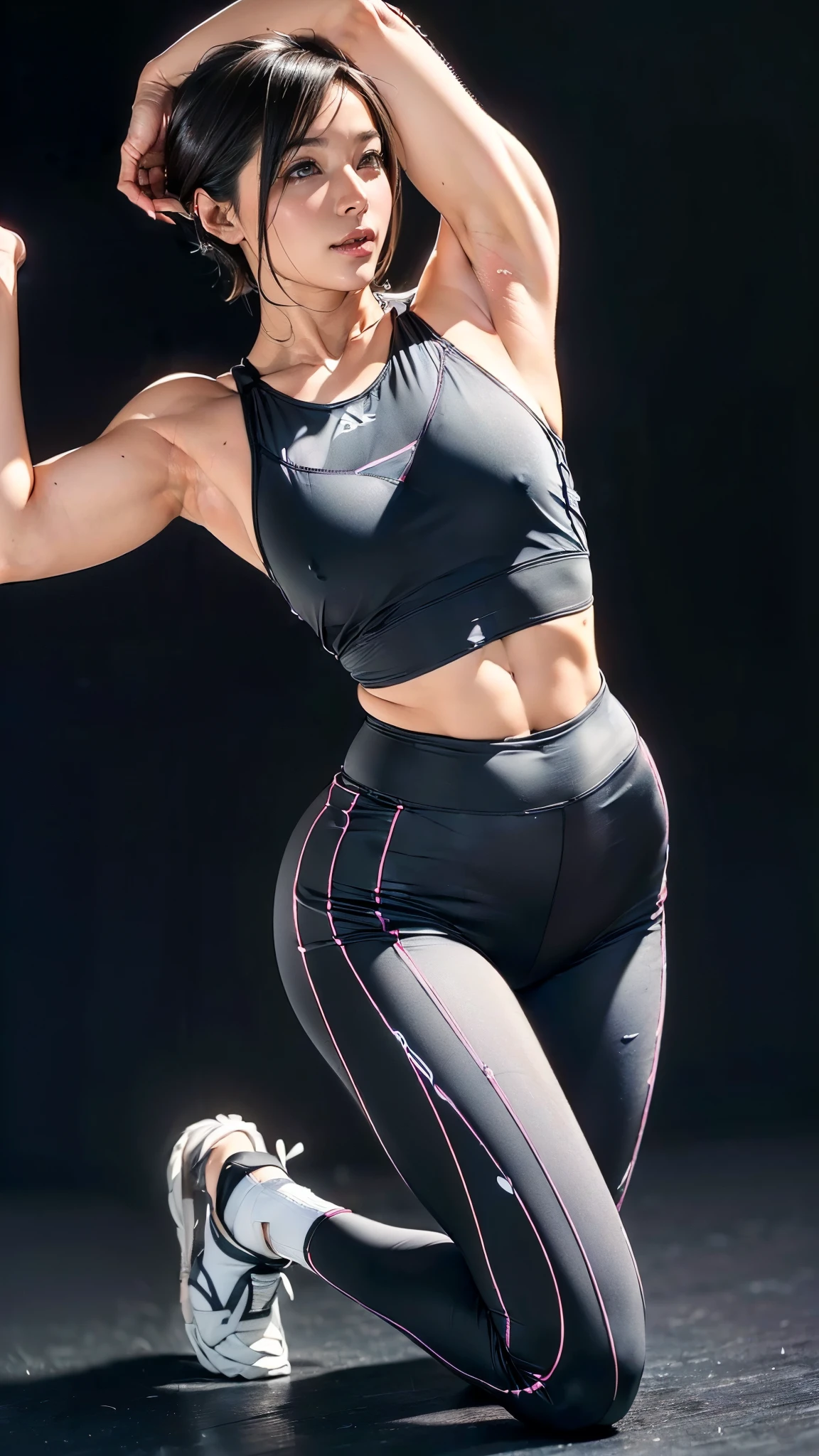 (One Woman),(Mature Woman:1.3),(((Training clothes that cling to the body:1.5))),(Very form fitting leggings:1.5),(Tiny Sports Bra:1.5),(training shoes:1.5),(short hair:1.5),(front:1.5),(Beautiful Eyes:1.3),(Looking at me:1.5),(Serious:1.5),BREAK(Very detailedな顔:1.5),((Very detailedな手の描画:1.5)),((Muscular:1.5)),(((Thick thighs:1.5))),(Well-built:1.5),(Beautiful body:1.5),(((Very sensual:1.5))),BREAK(((armpits:1.5))),((Kneeling pose:1.5)),(Beautiful legs:1.5),(Black background:1.5),(((Blur the background:1.5))),(Gentle light:1.5),(Written boundary depth:1.5),BREAK(((masterpiece:1.5),(highest quality:1.5),(Very detailed:1.5),(High resolution:1.5),(Realistic:1.5),(Realistic:1.5),(Delicate drawing))),8k,(wallpaper:1.5)