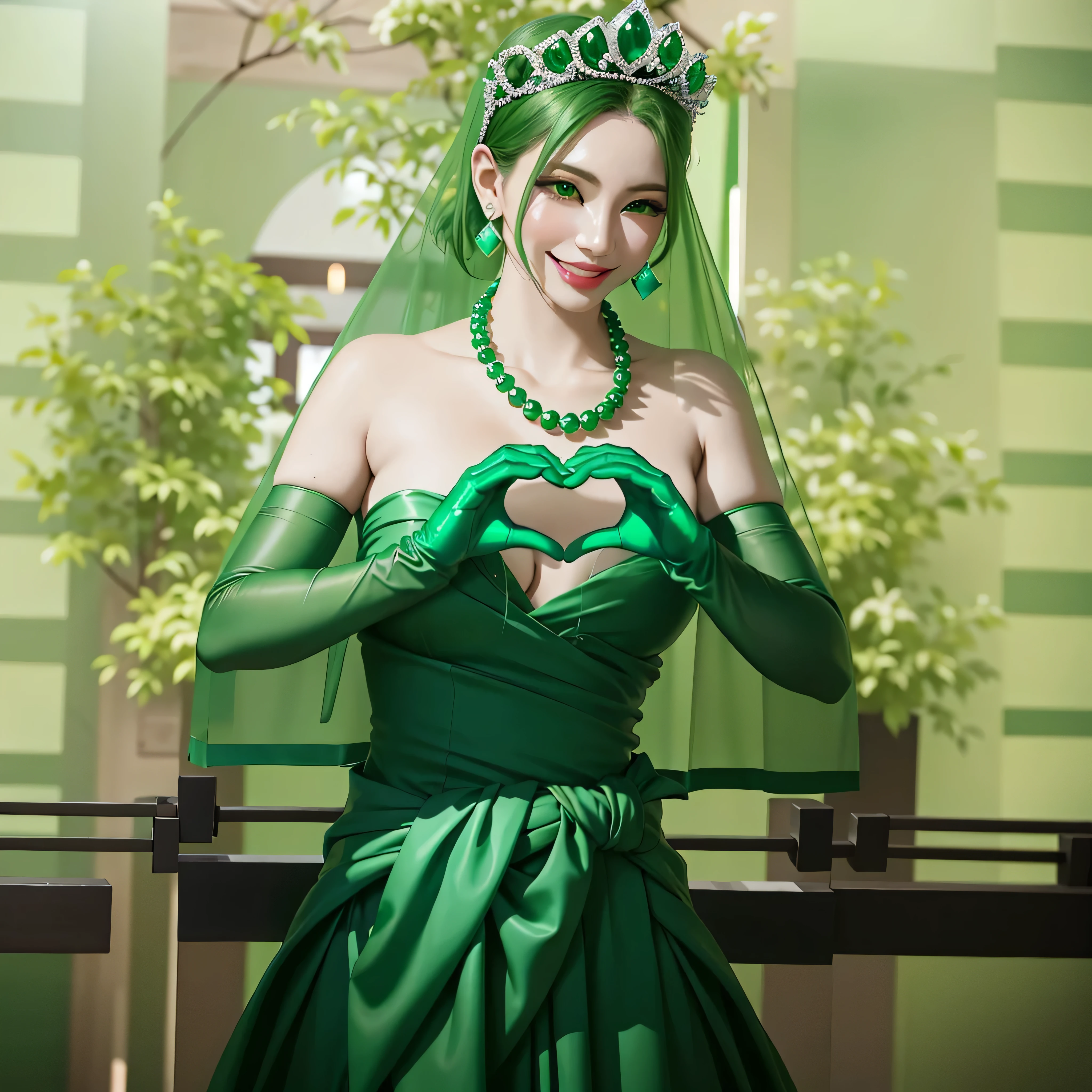 Emerald tiara, Green Pearl Necklace, Boyish very short green hair, Green Lips, Smiling Japanese woman, Very short hair, Busty beautiful lady, Green Eyes, Green satin long gloves, Green Eyes, Emerald Earrings, Green Veil, Heart with both hands, Green Hair, Beautiful Japanese Woman, Heart shaped hands:1.3, green lip gloss