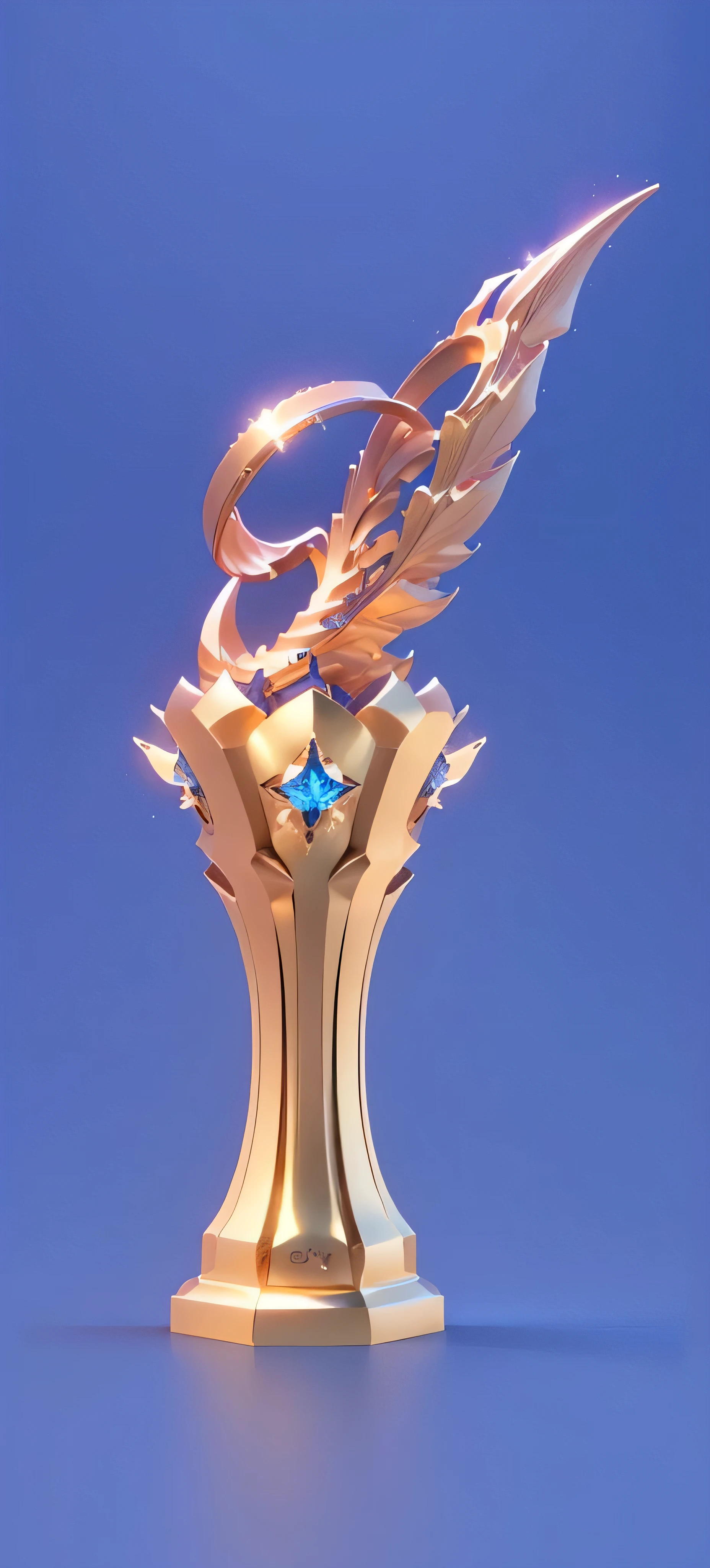 Close up of golden trophy on blue background, the torch we all must hold, torch, Popular on cgstation, rossdraws Volumetric Lighting, rossdraws Global Illumination, torch lighting, heise jinyao, sculpture made of gold, Olympic Games Photos, 8k Octave Rendering Photo, 3D Sculpture 8K Octane Rendering, High-quality rendering