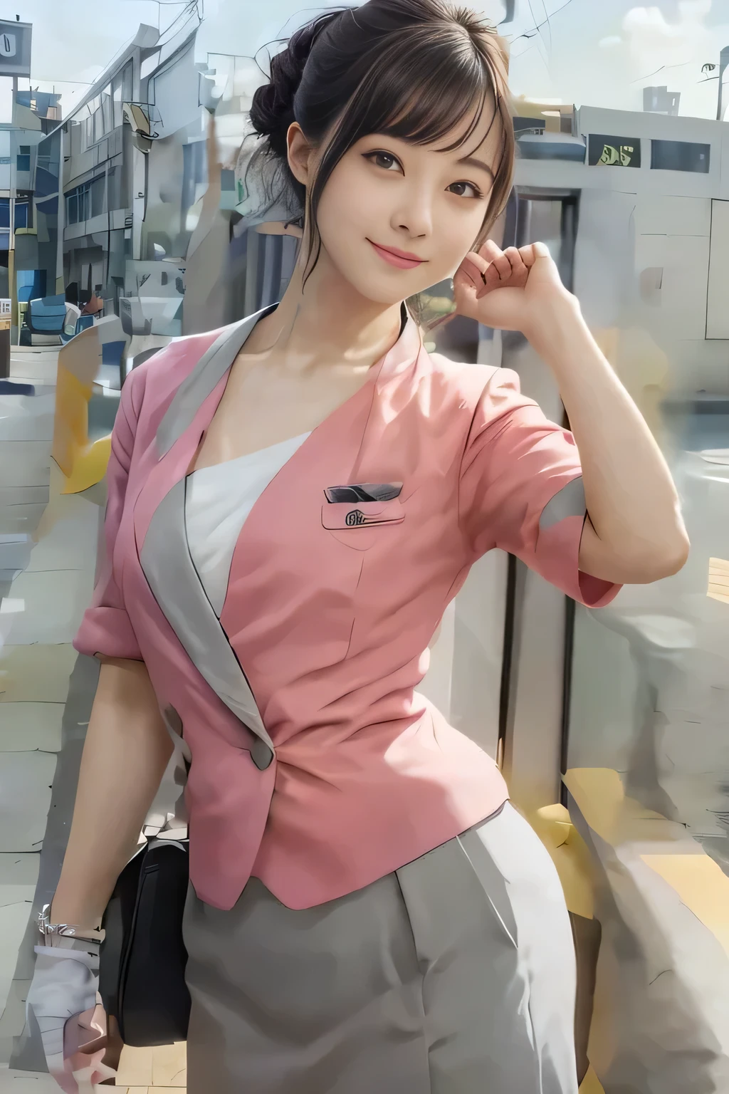 (masterpiece:1.2, highest quality:1.2), 32K HDR, High resolution, (alone、1 girl)、(On the rooftop of a building in the daytime、Professional Lighting)、Building rooftop background、(Nankai train crew uniform pinkを着たリアルスタイル)、(Nankai train crew uniform pink short sleeve pink jacket、Nankai Train Crew Uniform Pink Collarless Short Sleeve Blouse、Nankai Train crew uniform pinkのグレー色のキュロットスカート)、Dark brown hair、(Hair tied up、Hair Bun、Hair Bun)、Dark brown hair、Long Shot、Big Breasts、Thin legs、((Great hands:2.0)),((Harmonious body proportions:1.5)),((Normal limbs:2.0)),((Normal finger:2.0)),((Delicate eyes:2.0)),((Normal eyes:2.0)))、smile、(Nankai Train crew uniform pinkのグレー色のキュロットスカートを見せた美しい歩く姿)、Keep your hands natural,neck naturally