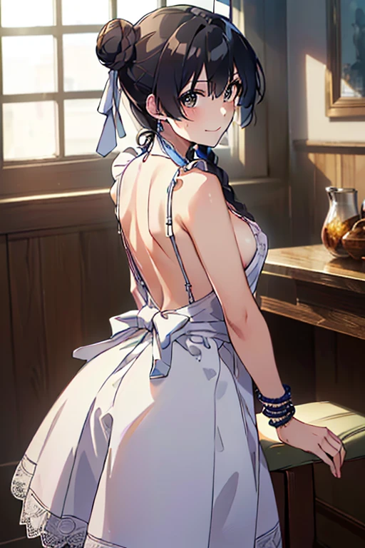 (A masterpiece of image quality in 8K),(Beautiful Allafed Woman),(((emphasizing breasts:1.1))),(Dynamic angles),(Dynamic and sexy bending pose:1.3),(sit a chair:1.1),(Short hair in shiny silver and orange inner colors,small full breasts,Disturbance of clothing due to movement,breast slip,(Ponytail twisted buns adorned with elaborate braids and beads,Braided Setup Fishbone Hair,),(see-through bangs),(perky chest:1.1), (pointed chest:1.3), small breasts、(((A white lace apron that shows your bare skin from under your small breasts)))、Blush with embarrassment、Enraptured eyes、A smile that beguiles the viewer、(Look back:1.7)、Look into the photographer,skin glistening with sweat,gazing at viewer,,(Professional Lighting),(8K,masutepiece,top-quality,Ultra-high resolution output image,),(Ultra HD with complex detail image modes),depth of fields,Beautiful hands,Beautiful fingers,Detailed finger features,(Detailed hair features:1.7),detailed facial features,detailed clothes features, (perky chest:1.1), (pointed chest:1.3),