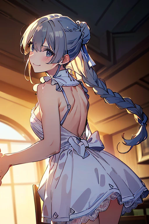 (A masterpiece of image quality in 8K),(Beautiful Allafed Woman),(((emphasizing breasts:1.1))),(Dynamic angles),(Dynamic and sexy bending pose:1.3),(sit a chair:1.1),(Short hair in shiny silver and orange inner colors,small full breasts,Disturbance of clothing due to movement,breast slip,(Ponytail twisted buns adorned with elaborate braids and beads,Braided Setup Fishbone Hair,),(see-through bangs),(perky chest:1.1), (pointed chest:1.3), small breasts、(((A white lace apron that shows your bare skin from under your small breasts)))、Blush with embarrassment、Enraptured eyes、A smile that beguiles the viewer、(Look back:1.7)、Look into the photographer,skin glistening with sweat,gazing at viewer,,(Professional Lighting),(8K,masutepiece,top-quality,Ultra-high resolution output image,),(Ultra HD with complex detail image modes),depth of fields,Beautiful hands,Beautiful fingers,Detailed finger features,(Detailed hair features:1.7),detailed facial features,detailed clothes features, (perky chest:1.1), (pointed chest:1.3),