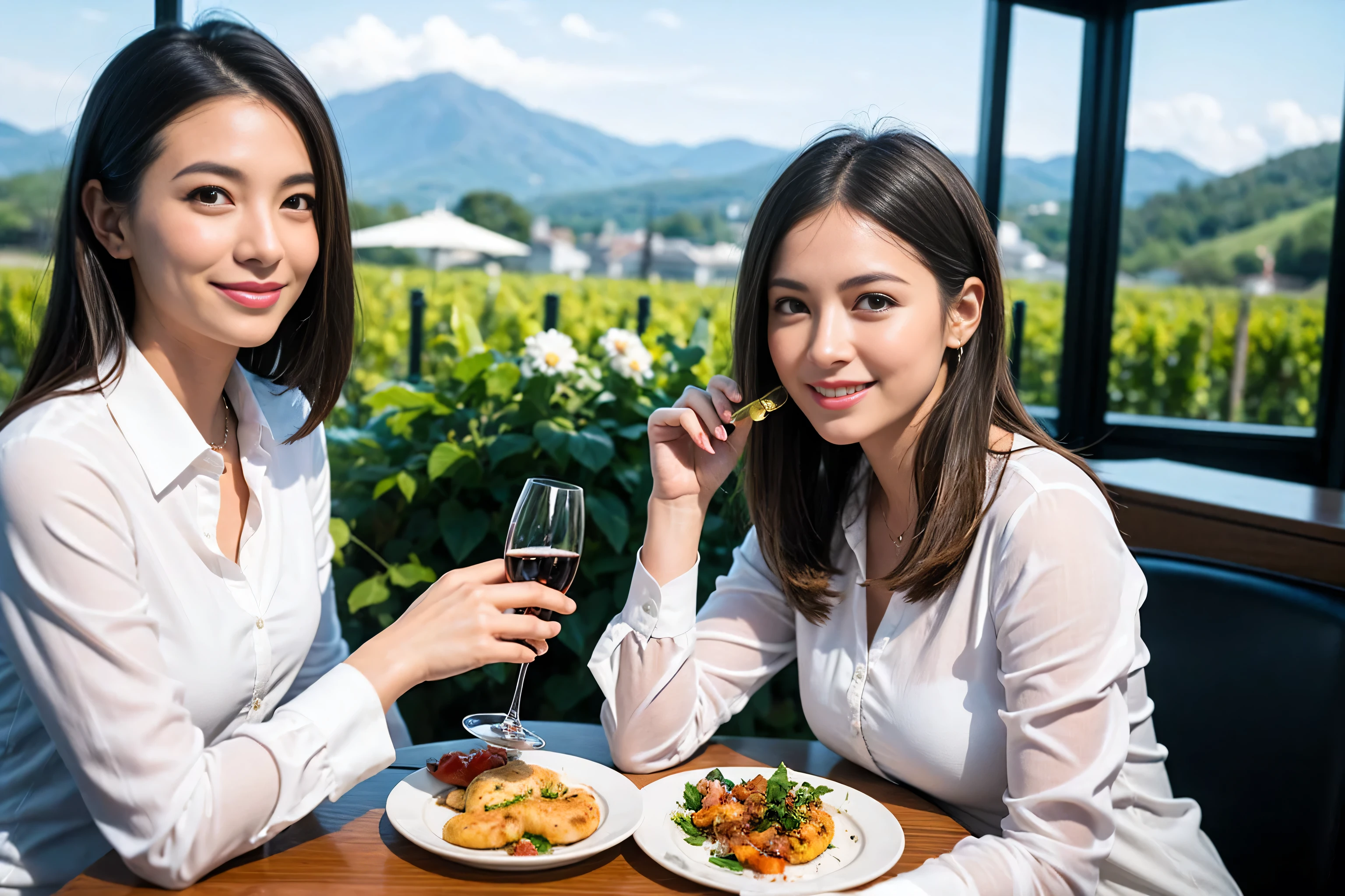 ((highest quality、8k、masterpiece:1.3))、1 male 1 female、lover、Beautiful couple、smile、full-course dinner、 (Slim face), (the body is スリム), (Brown Hair), (Shortcuts), ((Bob Hale、Straight hair:1.2)), Wine glass on the table、Please shine a light on my face、 Amazing view of the sunset sky and clouds、Amazing mountain views、The beauty of a smile、Bright image、Blushing, Shortcuts,Bright Face、 (42 years old), 39 years old, red wine 、Appetizers、Italian food、Wine bottle、Champagne、sparkling wine、Long sleeve shirt、dress、Attractive beauty、restaurant, Nova Frog Style, actress, model, Upper Body, White wine, red wine, wine glass,