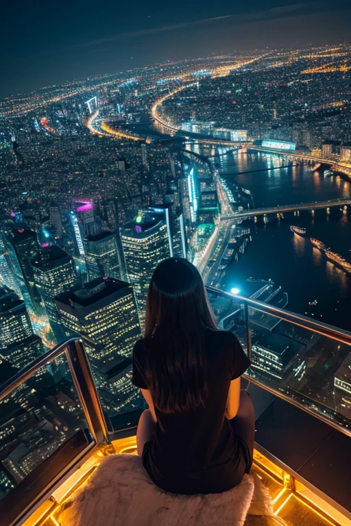 highest quality、Golden neon future city、Watching from on high、Night view、8k