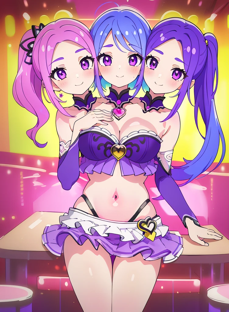 best quality, (masterpiece),(ultra-detailed), (high quality), (high resolution), (3heads:1.5) 1girl, (blue hair), (pink hair), violet eyes, hair ornaments, teenage girl, purple top (((purple outfit))), pink skirt , gentle smile,, high ponytail, belly button, 