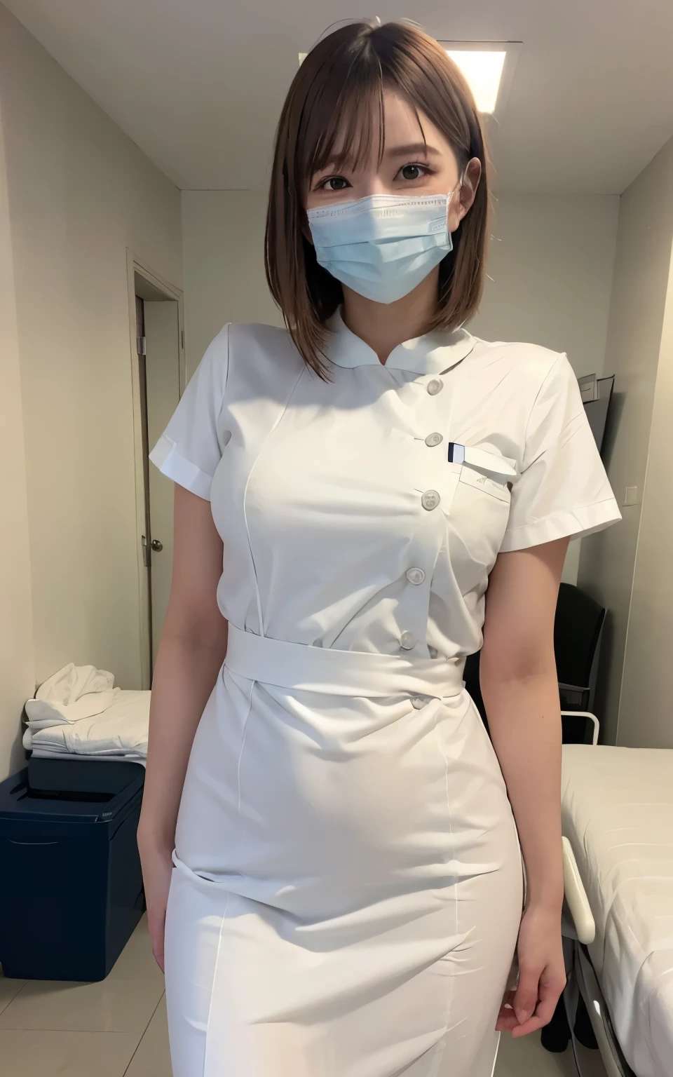 1 girl,(Wearing white nurse clothes:1.2),(RAW Photos, highest quality), (Realistic, photo-Realistic:1.4), masterpiece, Very delicate and beautiful, Very detailed, 2k wallpaper, wonderful, finely, Very detailed CG unity 8k wallpaper, Very detailed, High resolution, Soft Light, Beautiful detailed girl, Very detailed eyes and face, Beautiful and detailed nose, finely beautiful eyes, nurse, Perfect Anatomy, Black Hair, Upstyle, nurse uniform, ((mask)), Long skirt, nurse, White costume, thin, hospital, clear, White Uniform, hospital room, Neck auscultation,Bobcut