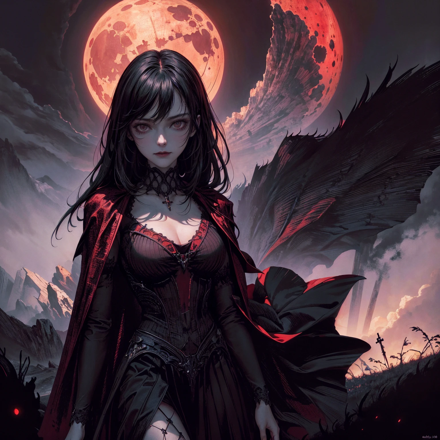 best quality, 4k, high resolution, masterpiece:1.2, Very detailed, actual:1.37, Mood lighting, girl, Dangerous smiles, Crucified, Pitch black sky, Red Moonlight, strange atmosphere, Gothic style, Unforgettable beauty, Dramatic shadows, Ethereal Light, Mysterious atmosphere.