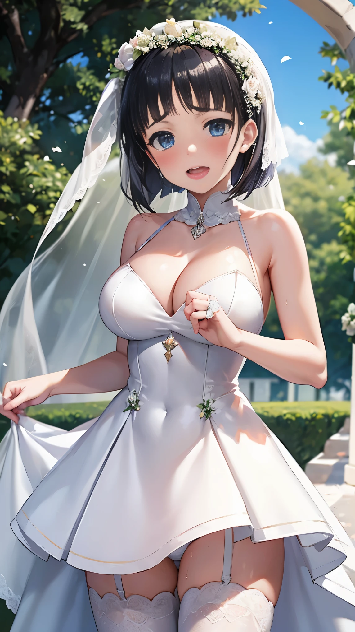 highest quality,masterpiece,8k,((((1girl)))),big breasts,orgasm,blush,sweat,zodiac_suguha,black hair,short hair,((wedding dress:1.3)),mini skirt,lift skirt,upskirt,white panties,white thighhighs