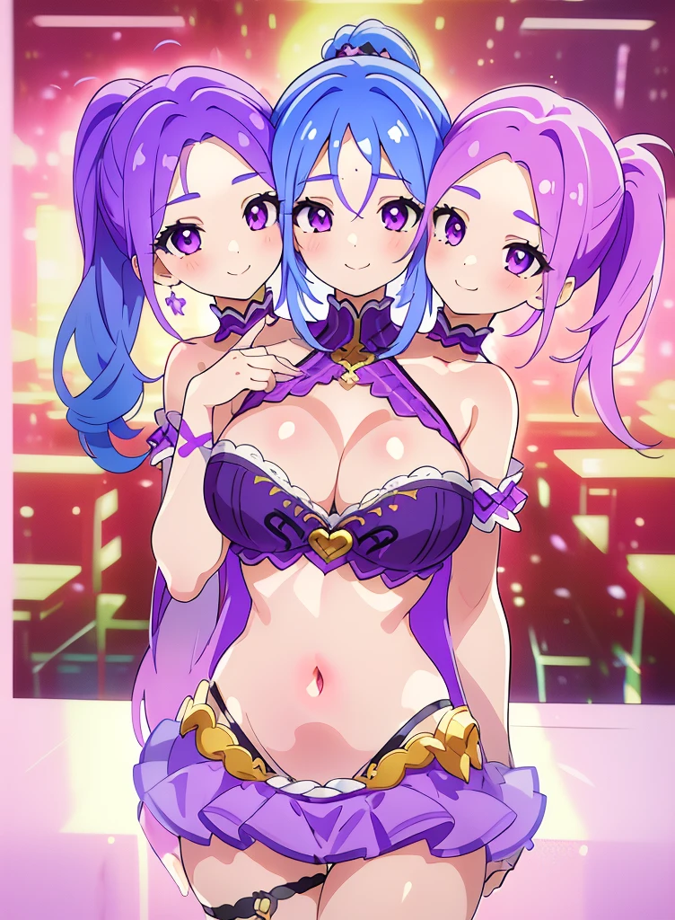 best quality, (masterpiece),(ultra-detailed), (high quality), (high resolution), (3heads:1.5) 1girl, (blue hair), (pink hair), violet eyes, hair ornaments, teenage girl, purple top (((purple outfit))), pink skirt , gentle smile,, high ponytail, belly button, very big tits, open breasts
