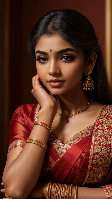 (high quality, masterpiece, HDR, 256K), (hyper-realistic, photorealism) 20 year old extremely beautiful Tamil girl, (intricate detailed extremely beautiful face, eyes, ears, nose, lips, textured skin), eyes symmetry, lips fully closed. Full Body holding wrist. Wearing Red Silk Saree. Straight Front View.