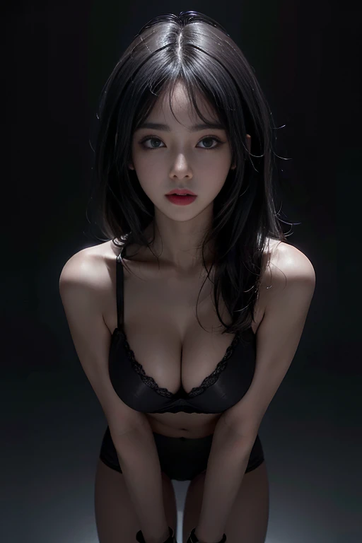 black calvin klein underwear, Volumetric lighting、Highly detailed face、One girl、Exposed thighs、Exposed buttocks、(Emphasizes smaller breasts)、、dark、Deep Shadow、Low Key、Hair length、Gray Hair、Top view