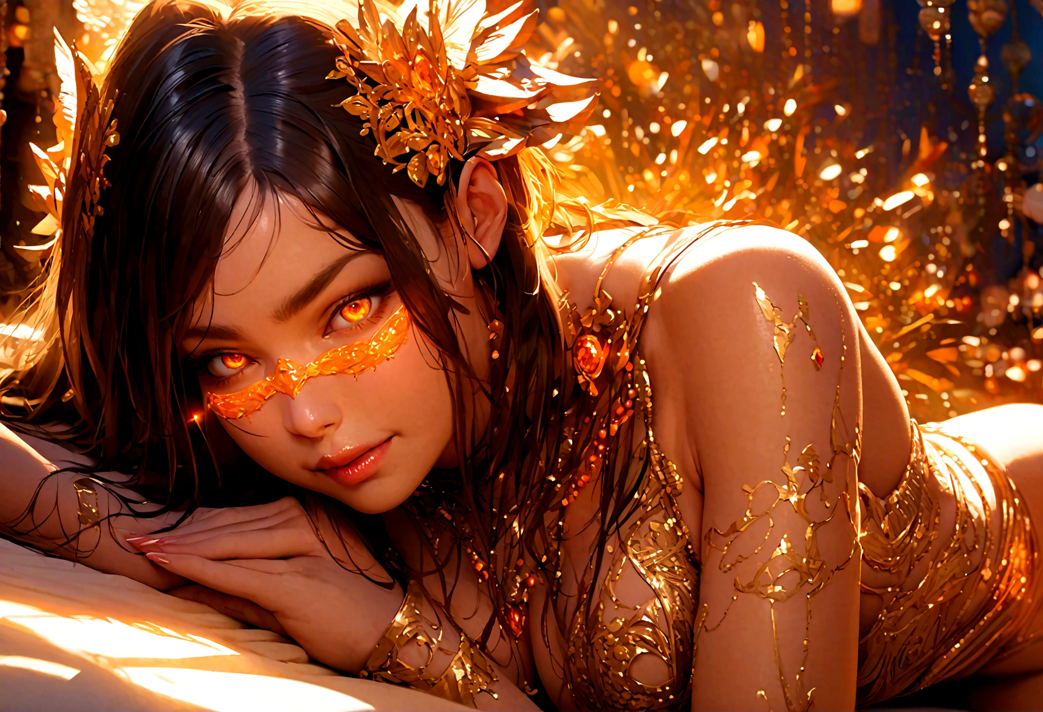 beautiful goddess, sensual lighting,sexy pose, erotic expression,realistic,lots of jewelry,orange glowing eyes, ultra-detailed,ultra-detailed eyes, (beautiful detailed face and eyes and hair:1.1),laying sexy pose
