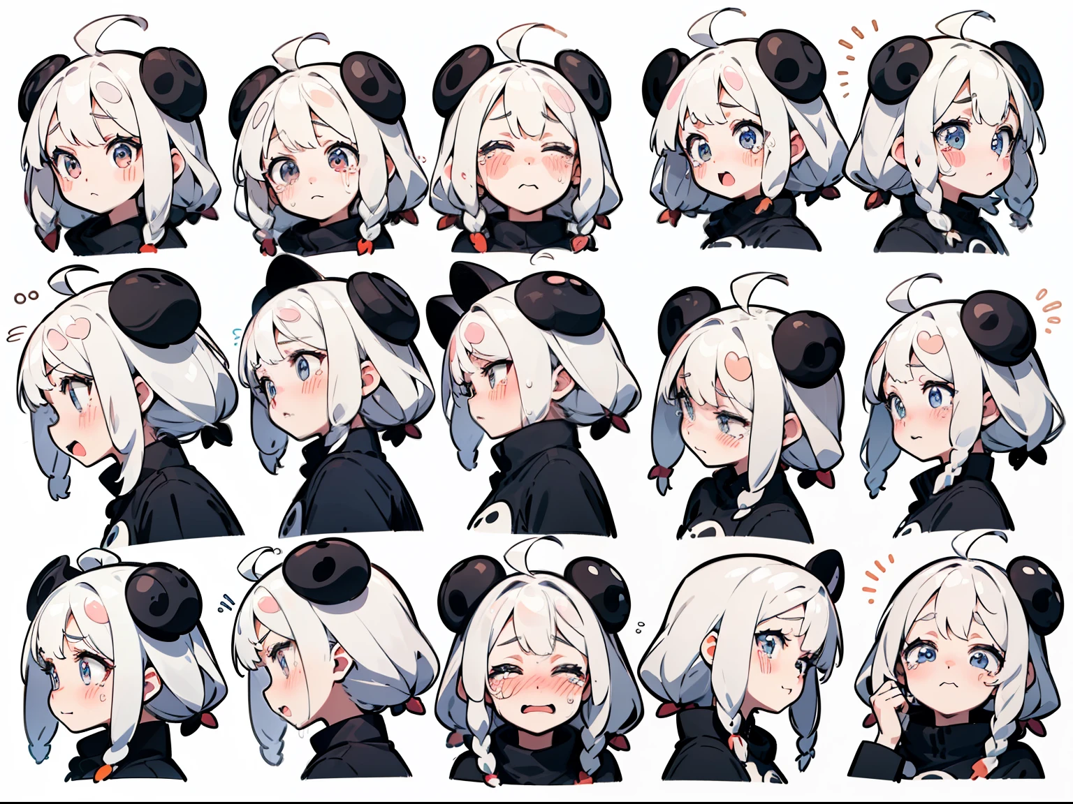Panda Accessories,White-haired girl expression pack, (((Crying face, Sad face, Excited face, Excited face))) , (((Detailed girl portrait table, Front diagram, side view, three quarter view))) (((White background)))