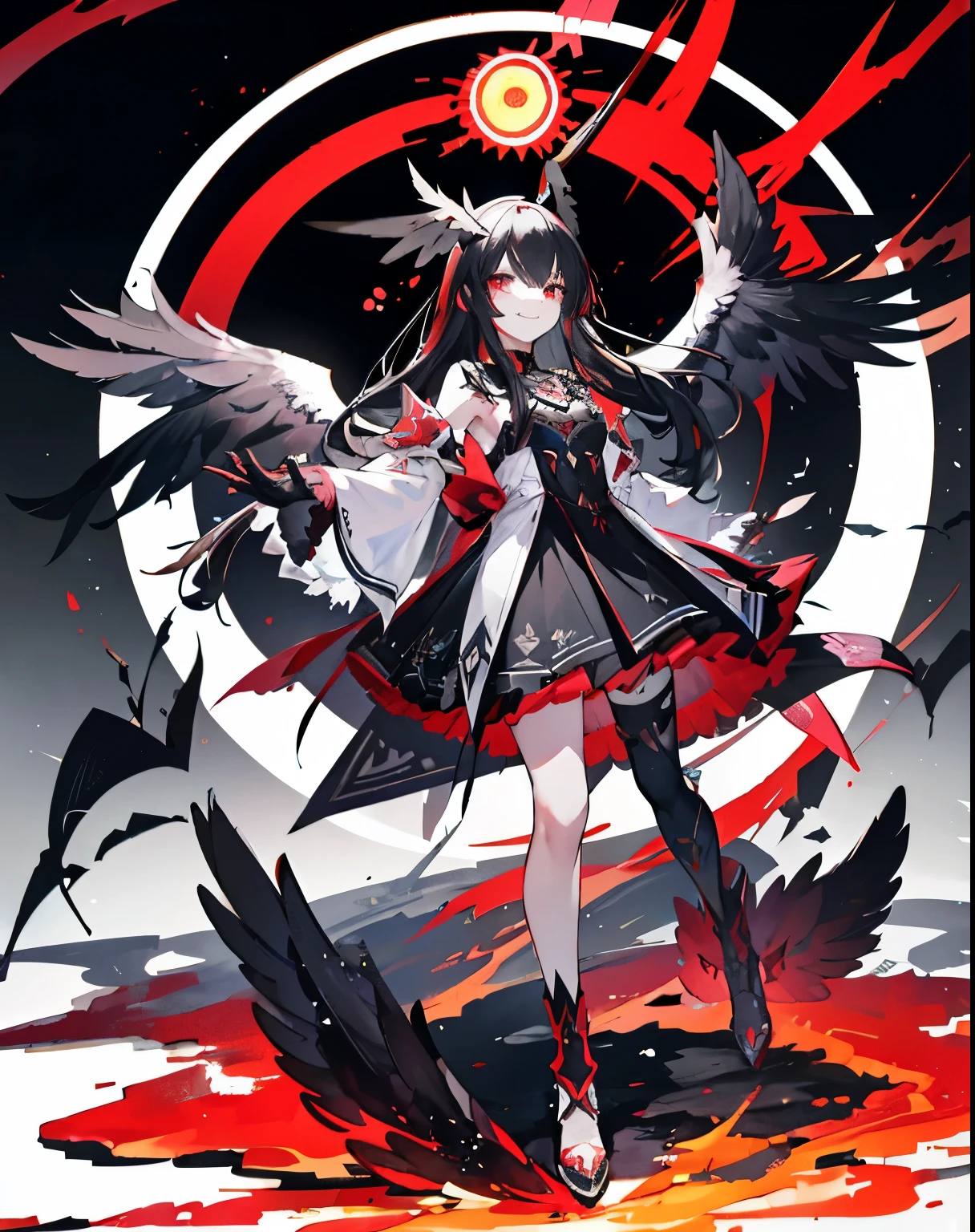 Art Station, White Background, Long Black Hair、Standing in the Wilderness,whole body、Equipped with Crow Gauntlets、triumphant smile、Small breasts、, As if smoke and shadows were given shape, Wings made from giant crows, Dancing crow feathers, Many glowing red eyes, Shadow Claw, Supernatural Lightning and Fire, ((black sun)), 8K High Resolution, トレンドArt Station, whole body,Black feather frill dress、A whirlpool of countless red-eyed crows、Nova explosion、Black Hole