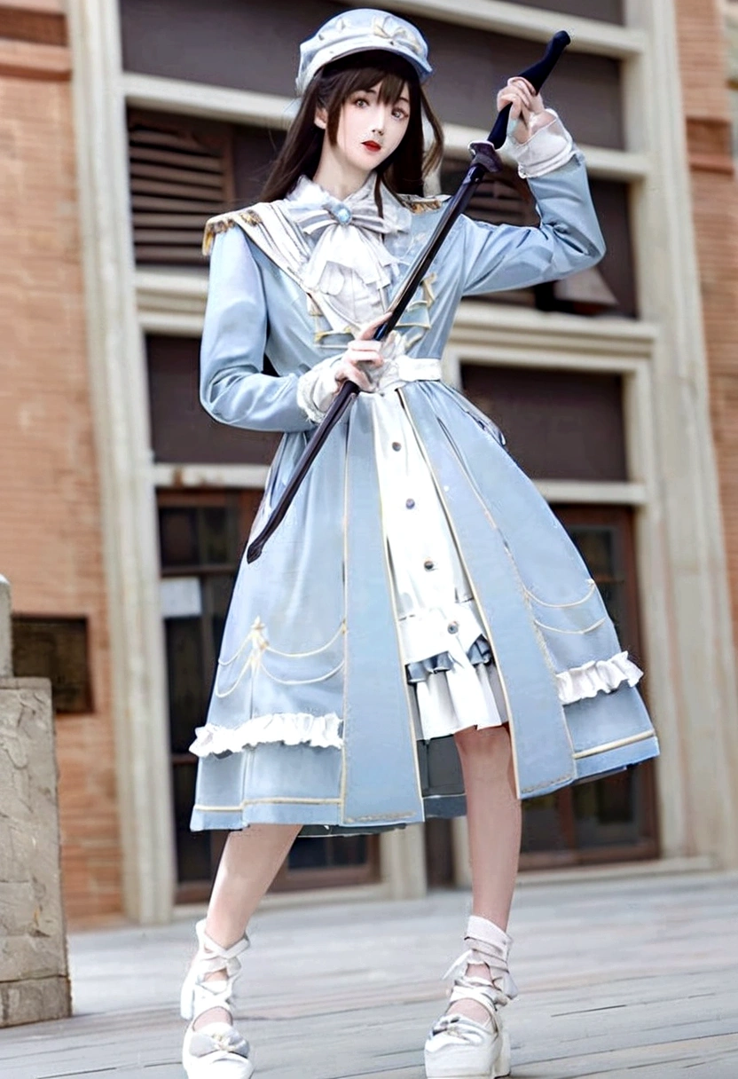 (brown hair swept bangs:1.3), (Daisaku),(Need),(Super meticulous),(full bodyesbian:1.2), arafed woman in a blue dress and hat holding a sword, loose coat collar sailor uniform, rococo dress, rococo ruffles dress, lolita fashion, fantasy style clothing, victorian blue dress, lolita style, costume with blue accents, victorian style costume, imperial royal elegant clothing, astral witch clothes, aristocratic clothing, magic uniform university, style of magical girl, (beautiful detailed face),(Beautiful and delicate eyes),
