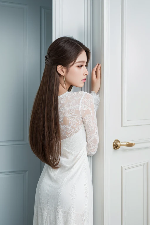 8k wallpaper、highest quality、masterpiece、Realistic、Realistic、White wall、In front of a white door、White dress with long sleeves、Angle from behind、Photographed in natural light、Super detailed、30th generation、Hairstyle: Straight Straight Hair.、Delicate skin types、Increases hair shine、Don'Don'Don't look at the audience