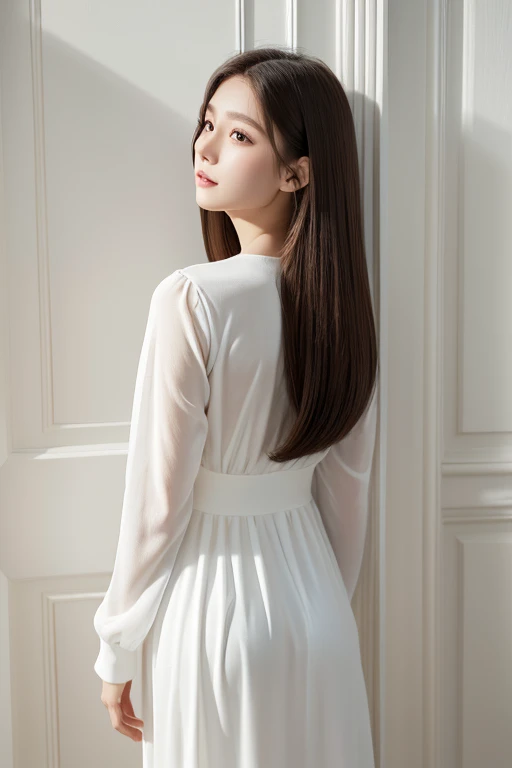 8k wallpaper、highest quality、masterpiece、Realistic、Realistic、White wall、In front of a white door、White dress with long sleeves、Angle from behind、Photographed in natural light、Super detailed、30th generation、Hairstyle: Straight Straight Hair.、Delicate skin types、Increases hair shine、Don&#39;Don&#39;Don&#39;t look at the audience