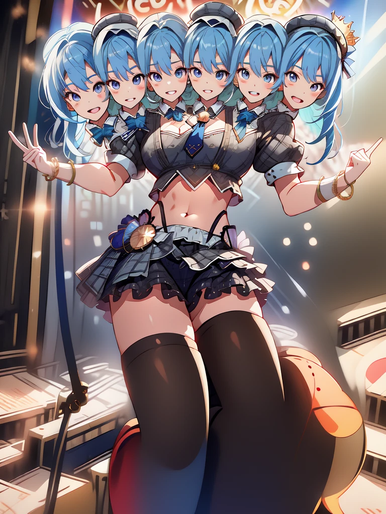 (masterpiece, best quality), best resolution, 16k, (2heads:2.0), close-up, 1girl, solo, HoshimachiSuisei, side ponytail, blue hair ribbon, SuiseiBase, plaid beret, crown, star earrings, blue ascot, plaid top, crop top, plaid miniskirt, layered miniskirt, partially fingerless gloves, star bracelet, uneven legwear, thigh strap, standing, (raise arms, two hands make peace sign, two hands close to head), (smile, close mouth, teeth), dacing, jumping, ((heads look at each other, cheek to cheek)), exciting, concert stage, starfield, spotlight, open belly, midriff, exposed midriff, bare thighs, bare legs, sexy
