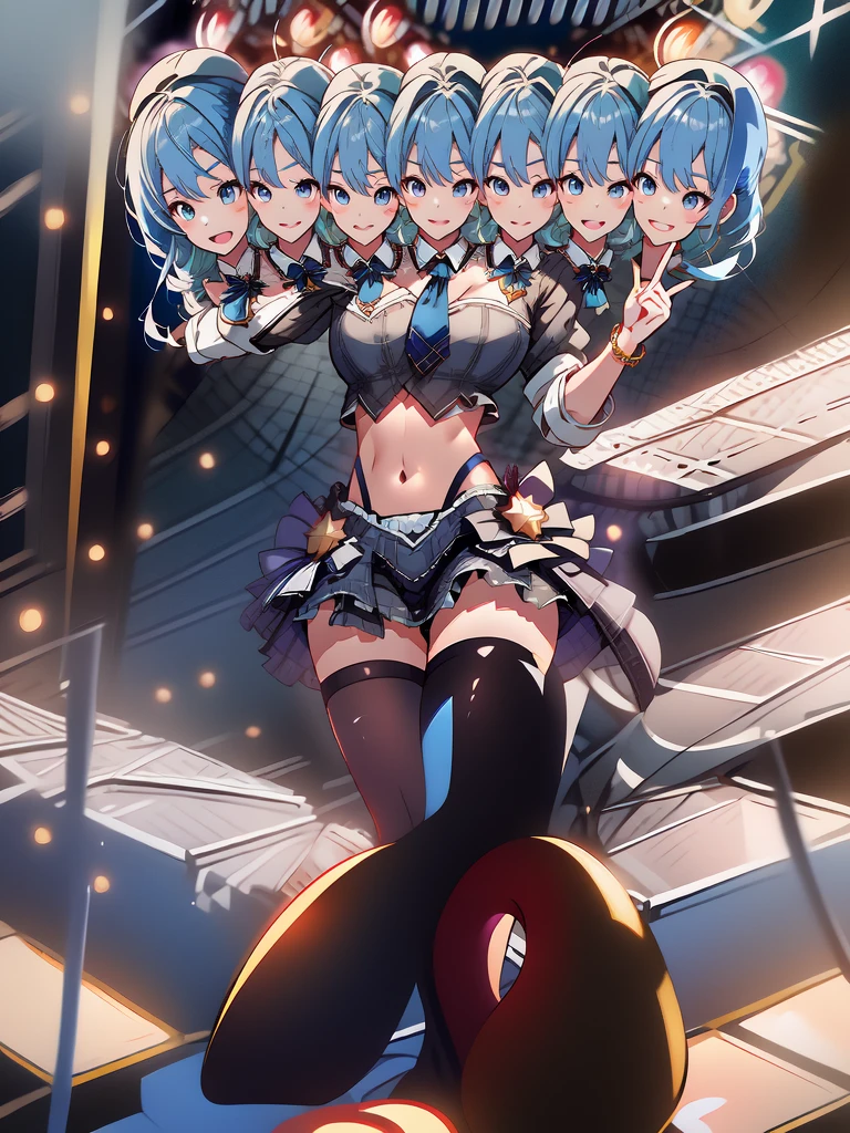 (masterpiece, best quality), best resolution, 16k, (2heads:2.0), close-up, 1girl, solo, HoshimachiSuisei, side ponytail, blue hair ribbon, SuiseiBase, plaid beret, crown, star earrings, blue ascot, plaid top, crop top, plaid miniskirt, layered miniskirt, partially fingerless gloves, star bracelet, uneven legwear, thigh strap, standing, (raise arms, two hands make peace sign, two hands close to head), (smile, close mouth, teeth), dacing, jumping, ((heads look at each other, cheek to cheek)), exciting, concert stage, starfield, spotlight, open belly, midriff, exposed midriff, bare thighs, bare legs, sexy