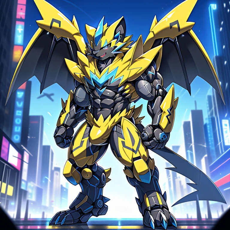 (ZERAORA, 8K), (giant zeraora, Zeraora's giant robot, Powered exoskeleton with the same design as Zeraora), (Masterpiece, highres) (Detailed head, Detailed Body, Detailed abs, full body) (gigantic muscles, Gigachad Muscular, big muscle, pecs, triceps, traps, unusually developed muscular body, body full of huge muscles. showing off muscles, pectorales enormes, Exaggeratedly huge muscles.)
(nj5furry, The claws are sharp, Sharp teeth, sharp claws), (long legs, giant), (Spread wings, It has wings, have big wings, golden wings),
(whole body shines like metal, Wearing cyberpunk mecha, emphasizes the muscles, suit fully made of metal, intricate armor, Robotic suit, suit fully made of metal, cyborg),
(black color hyper penis, hyper black penis), menacing pose, (giant monster spider image zeraora in the city, zeraora towering over new york),