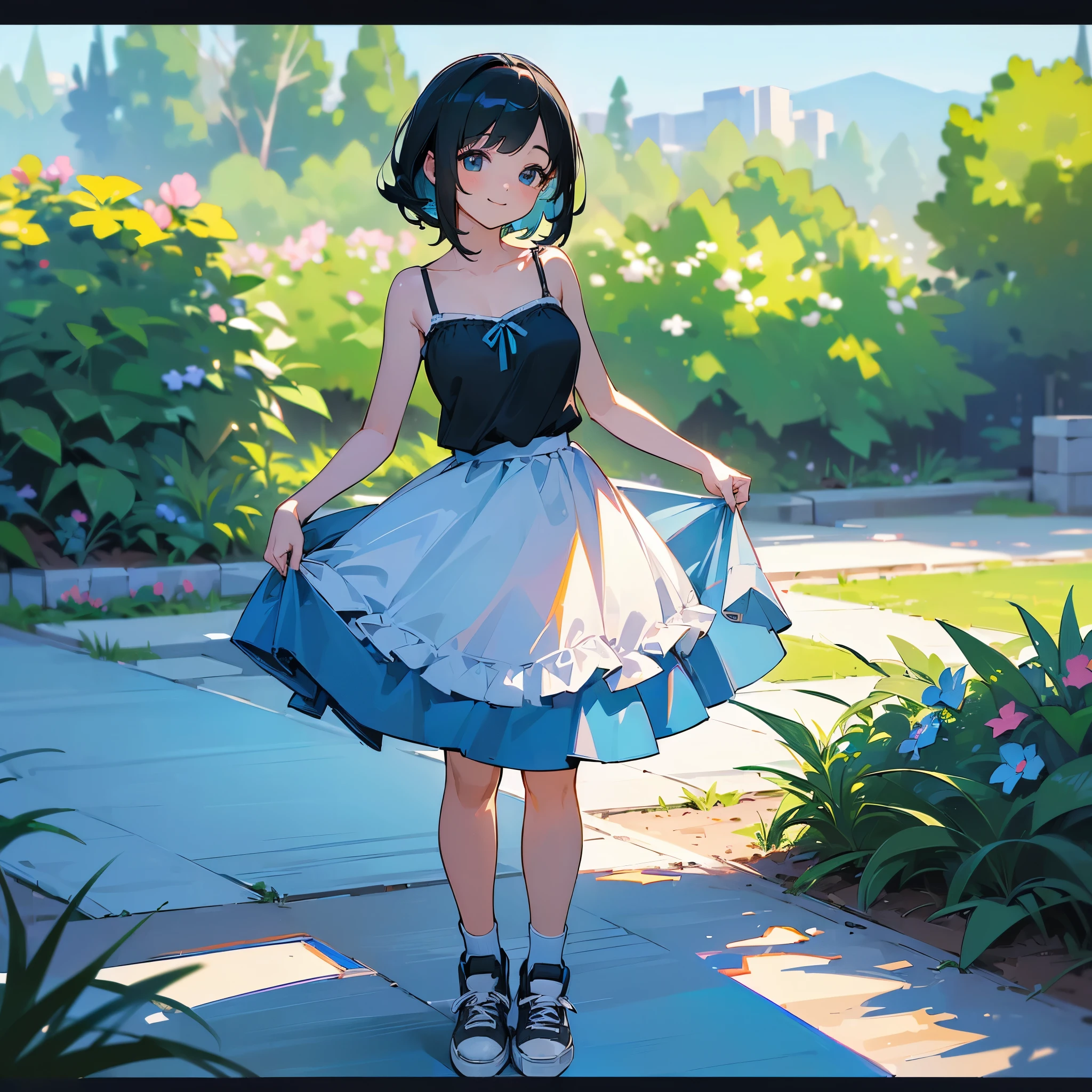 (high quality, High resolution, Very detailed, reality:1.37), Peaceful atmosphere, (Outdoor, garden),  girl standing alone, (my breasts are big.), Beautiful details, Cute Smile, (Black bob hair), camisole, Blue Skirt, Blue socks, sneakers.