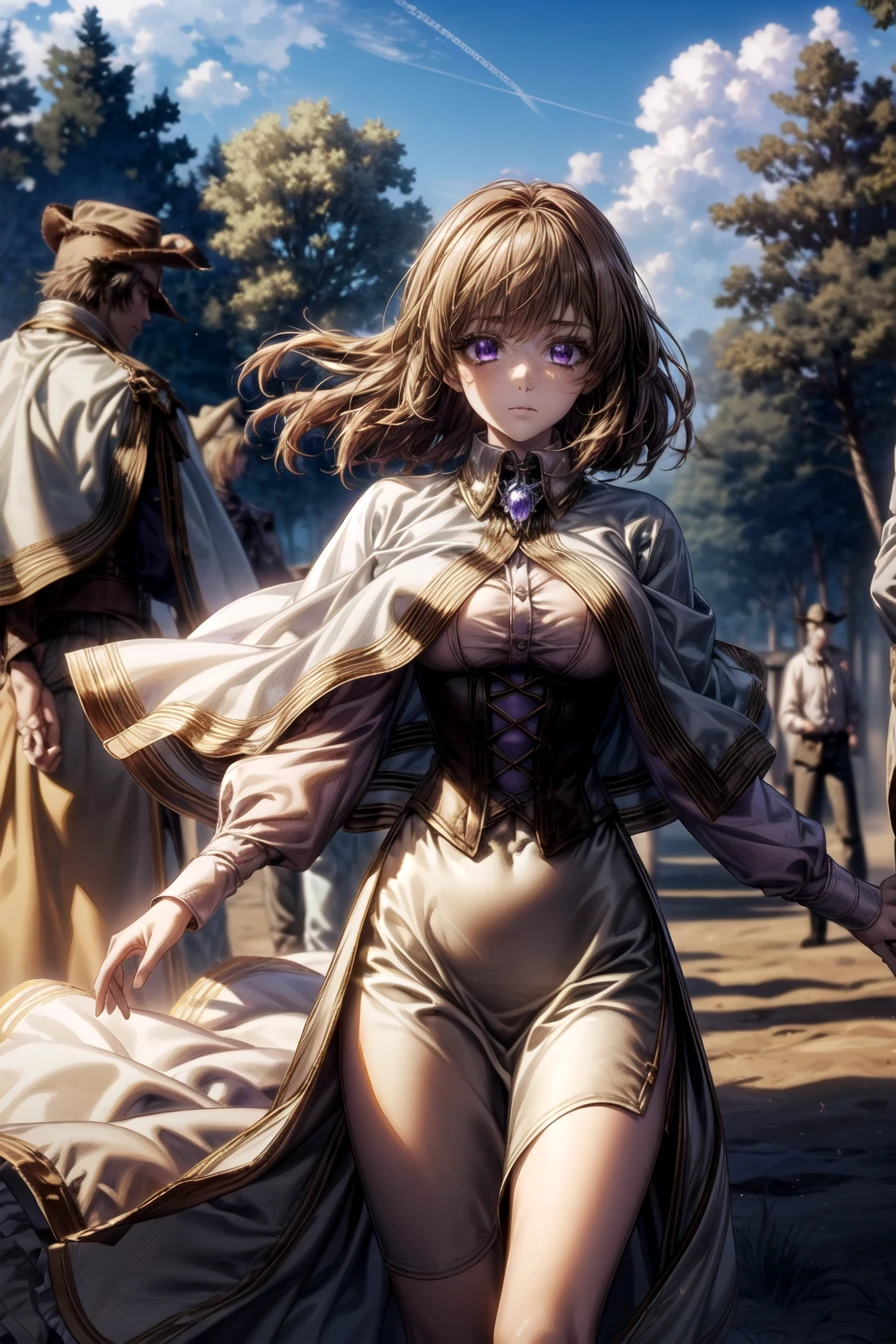 Alicia DeLucia, Alicia&#39;s Predecessor, short hair, Brown Hair, (Purple eyes:1.1),Big Breasts，Robust，Clothes that are only fluffy，
break skirt, Long sleeve, Have, Capelet, Removable sleeves, corset,
break outdoors, nature, forest, null, sun, cloud,
break looking at viewer, (Cowboy Shot:1.5),
break (masterpiece:1.2), highest quality, High resolution, unity 8k wallpaper, (figure:0.8), (Beautiful fine details:1.6), Highly detailed face, Perfect lighting, Highly detailed CG, (Perfect hands, Perfect Anatomy),