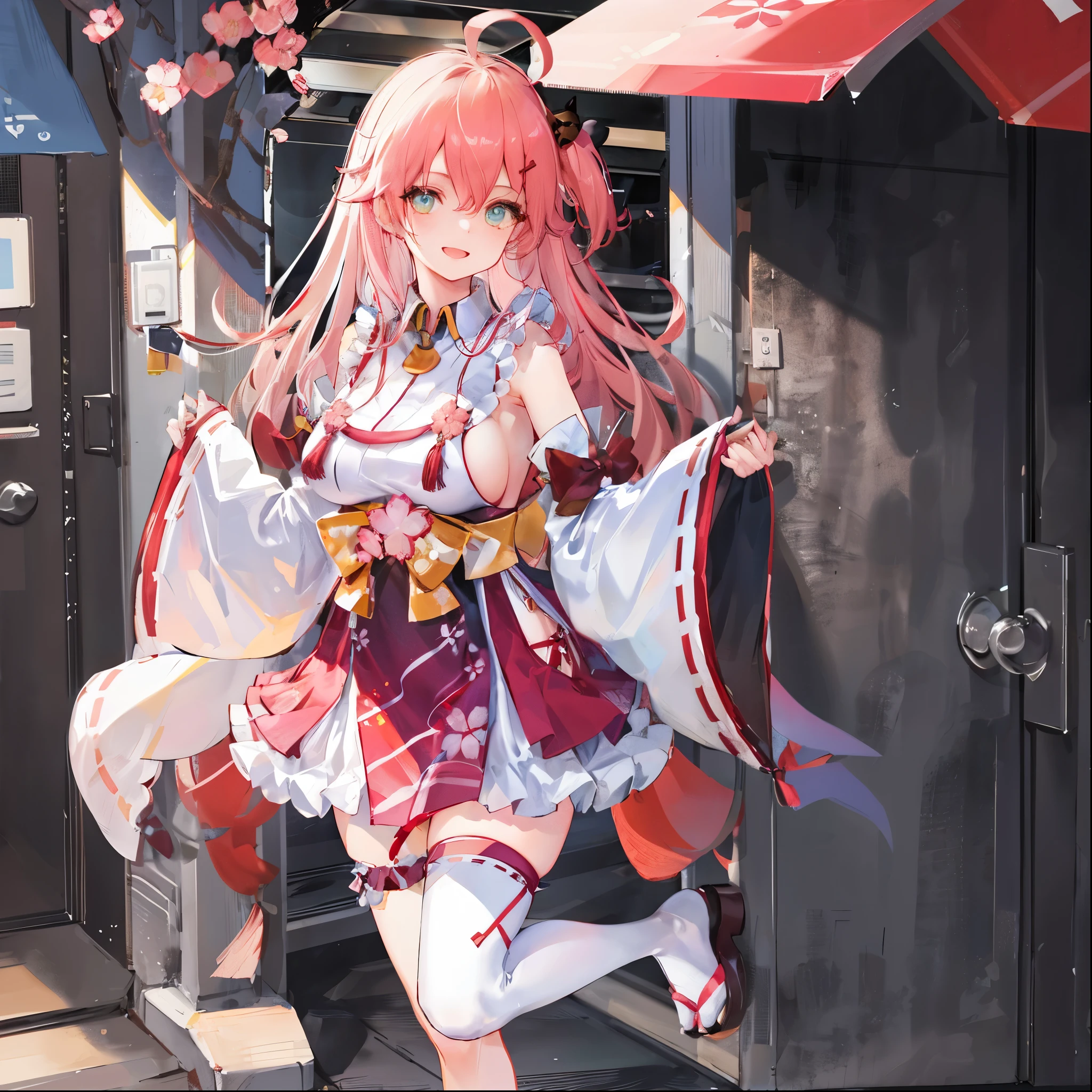 masterpiece, best quality, highres, miko1, sakura_miko, 1girl, big_boobs, solo, ahoge, x_hair_ornament, pink_hair, floral print, hairclip,(side_less_clothes:1.5), (side_boobs:1.5), hair_bell, floral print, long_hair, hair between eyes, one side up, white thighhighs, asymmetrical legwear, wide sleeves, open_mouth,(happy:1.3),gleen_eyes,big_smile,(rise_leg:1.3),plump,apart_legs,(overly_long_sleeves:1.3),),sleeves_past_wrists,hands_hidden_sleeves,sidelock_clothes,dynamic_posing,solo,hidden_wrists,(XD:1.4),covered_nipples,sunlight,cherryblossom_background,