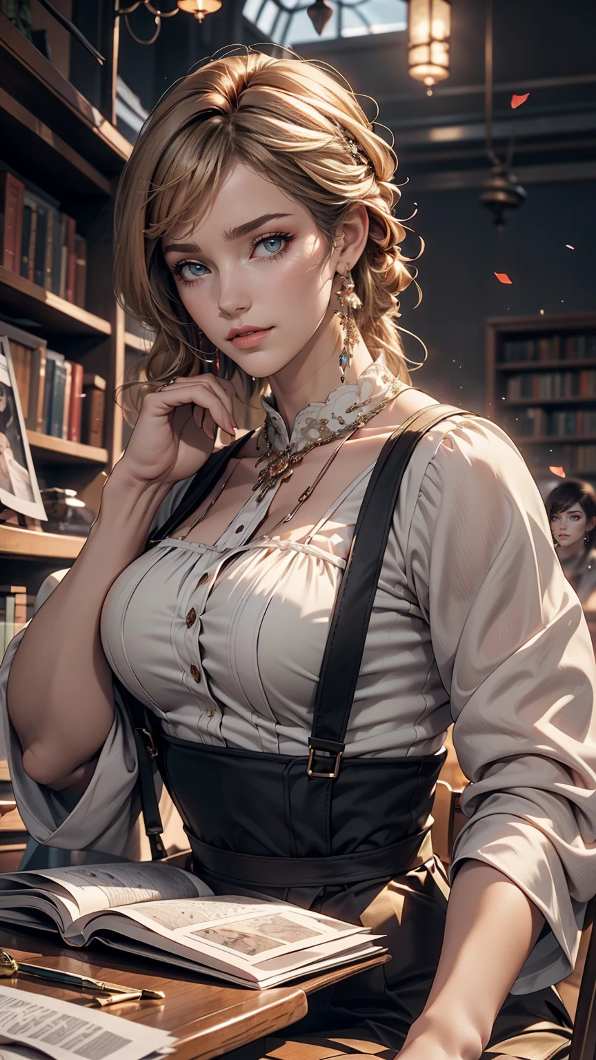 alone, One girl, masterpiece, highest quality, Very detailed, Cinema Lighting, Intricate details, High resolution, Official Art, Beautifully detailed face and eyes, High resolutionのイラスト, 8k, Dark intense shadows, Exposure, [Blonde Hair/Brown Hair], Single Blade, blue eyes, Glasses, Conceit, Sitting in a chair, Upper Body, Big Breasts, White shirt, Yellow suspenders, Book_stack, library, ((vine)), Rose, Looking at the audience