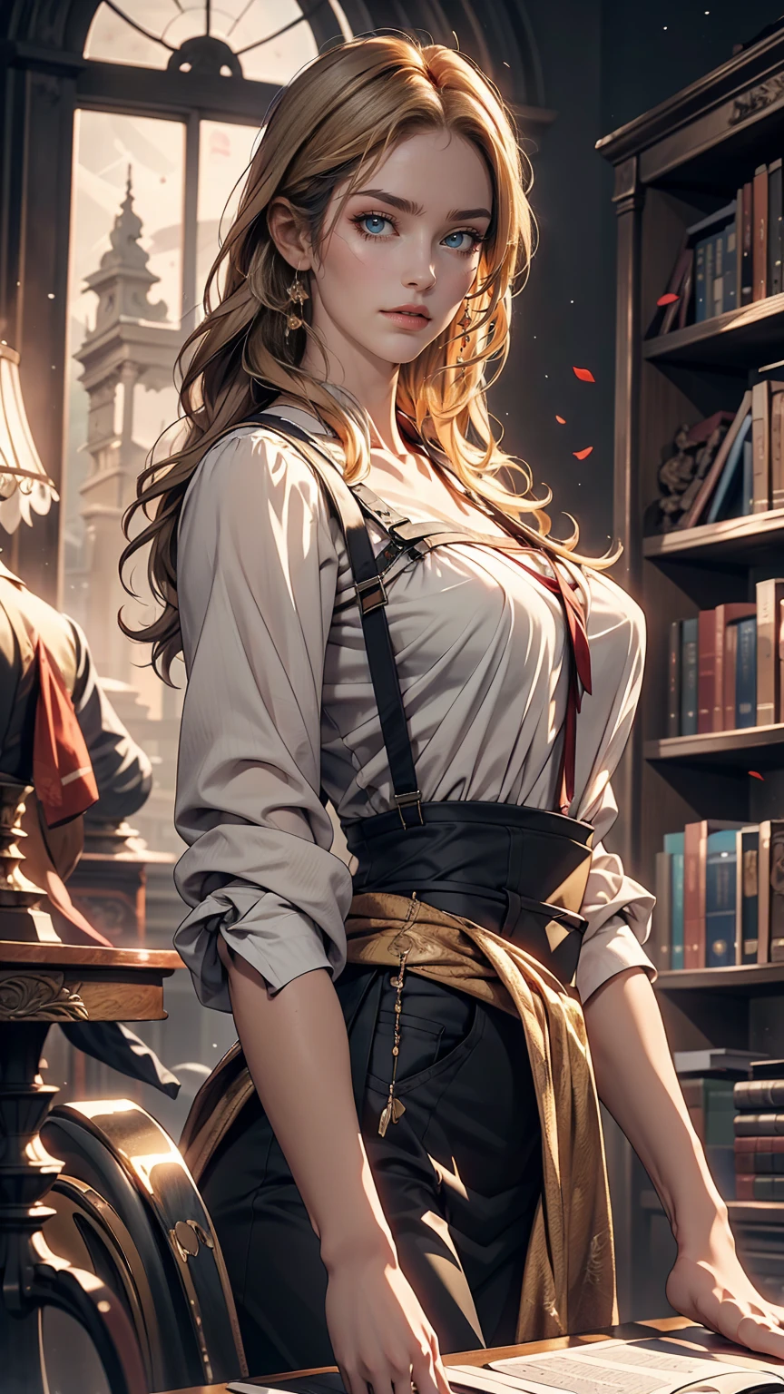 alone, One girl, masterpiece, highest quality, Very detailed, Cinema Lighting, Intricate details, High resolution, Official Art, Beautifully detailed face and eyes, High resolutionのイラスト, 8k, Dark intense shadows, Exposure, [Blonde Hair/Brown Hair], Single Blade, blue eyes, Glasses, Conceit, Sitting in a chair, Upper Body, Big Breasts, White shirt, Yellow suspenders, Book_stack, library, ((vine)), Rose, Looking at the audience