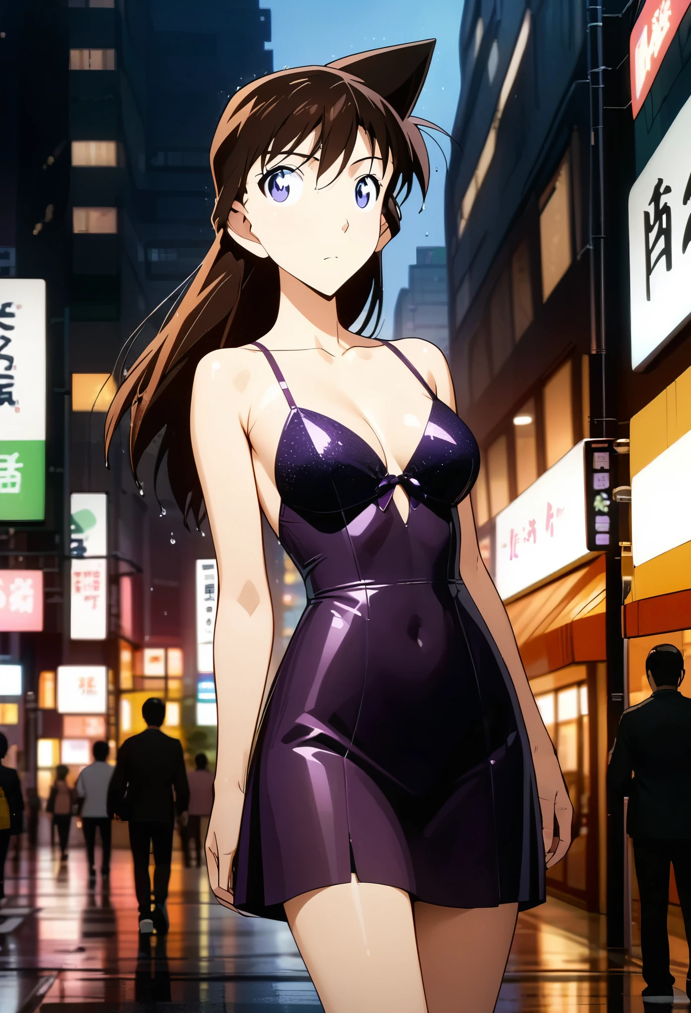 （Brunette，Purple evening dress，8K，Perfect body，Ultra-clear，best quality, masterpiece:1.4),(Anime style:1.37),Tokyo Street,night, rain, wet,city View,,1 Beauty, full-body shot