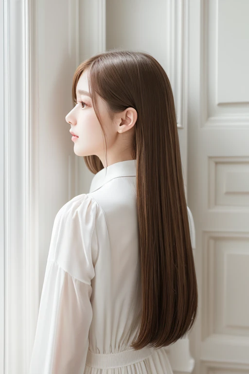 8k wallpaper、highest quality、masterpiece、Realistic、Realistic、White wall、In front of a white door、White dress with long sleeves、Angle from behind、Photographed in natural light、Super detailed、30th generation、Hairstyle: Straight Straight Hair.、Delicate skin types、Increases hair shine、Don&#39;Don&#39;Don&#39;t look at the audience