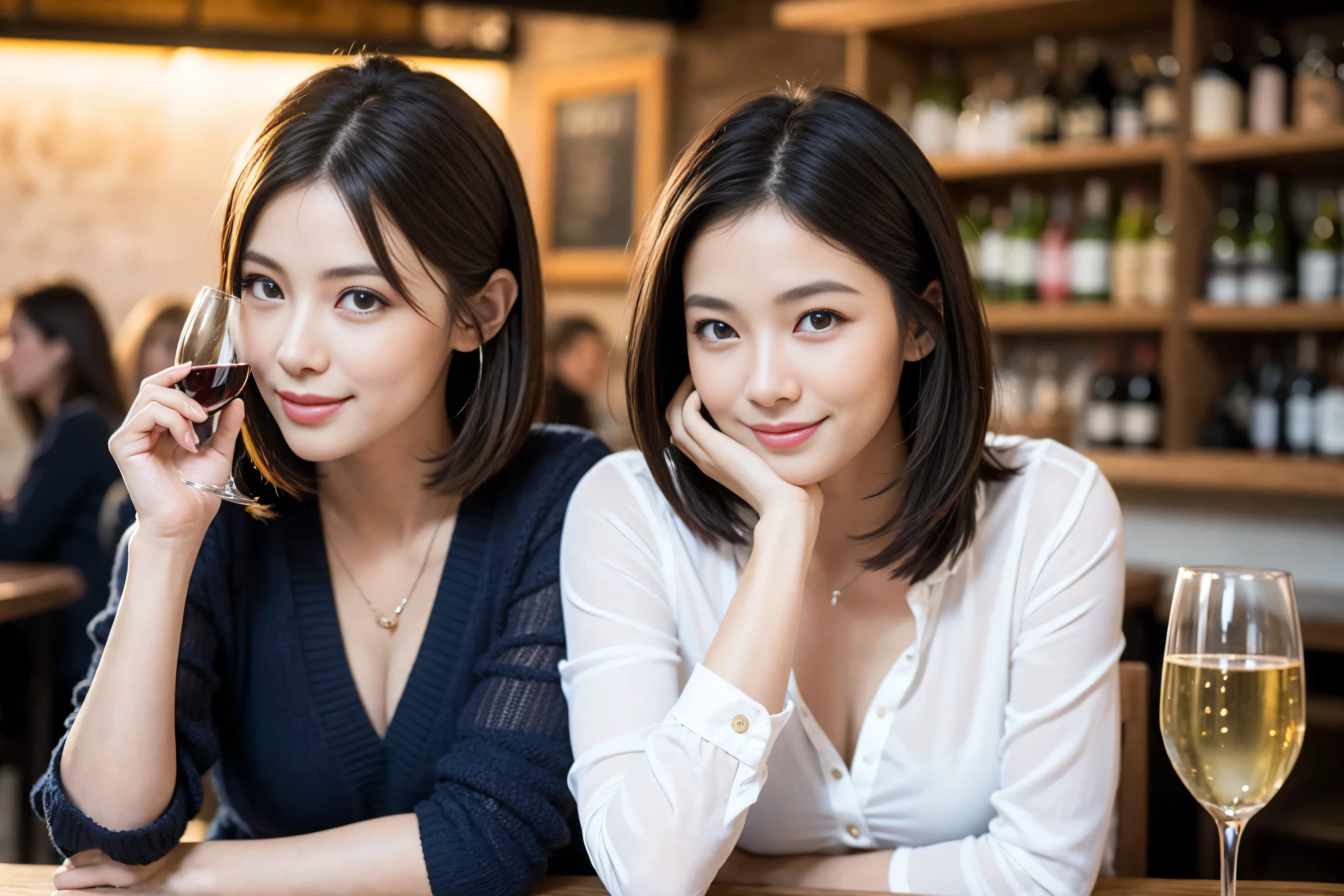 ((highest quality、8k、masterpiece:1.3))、1 male、1 woman who resembles Satomi Ishihara、Couple、Spouse、Couple、The body is slim、((Bob Hale、Straight hair:1.2)), (Realistic, Intricate details:1.2), Wine glass on the table、Shine light on your face、 Amazing view of the sunset sky and clouds、Amazing mountain views、A bright smile、The wonderfulness of smile、Bright image、The beauty of wine, Beautiful Face, blue eyes, The light shines on your face, Blushing, short hair,Bright Face、 (Age 35), 39 years old, red wine 、Appetizers、Italian food、Wine bottle、Champagne、sparkling wine、Two beauties、Brown Hair、Shortcuts、Long sleeve shirt、dress、Pretty Woman 1, (Slim face), (The body is slim), (Brown Hair), (Shortcuts), cheeks turn a little red,Attractive beauty、restaurant, In a prominent place (From the waist up) Nova Frog Style, actress, model, Upper Body, White wine, slim, wine glass, A wine glass placed in the center, smile, (smile: 1.15), Beautiful fine grain, Depth f/2,saturation, High Contrast, Strong light and shadow,Moist Body:1.5、3D texture、Delicate eyes、Brown Hair、The hair is very shiny、