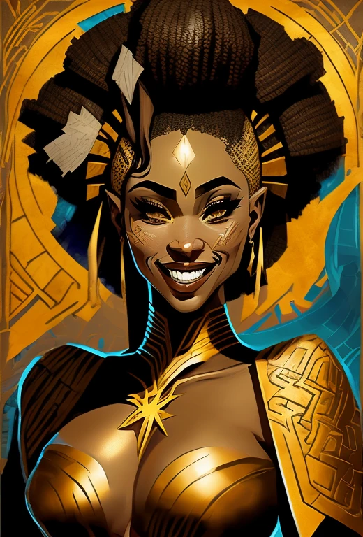 (melhor qualidade, 4k, 8k, high resolution, obra-prima: 1,2), ultra detalhada, (realista, fotorrealista, fotorrealista: 1,37),(melhor qualidade, realista),
Mulher (35 anos, Nigeriana, extremamente bonita, maquiagem afrofuturista) (Deusa), medidas((Busto 99cm), (cintura 66cm),quadril(95),(Altura perna 88cm), (entre pernas 68)), roupa (amarelo ouro, (typical nigeria), altamente detalhado), linda coroa,sorriso bonito, alegre no rosto, corpo perfeito, pernas musculosas, Uma Deusa, lighting directs to her.
Ambiente ( umbral, umbralino,pantanoso, escuro ao fundo, lodo, arvores disformes),  Expression hiper-realista
melhor qualidade,obra de arte,ultra high resolution,(fotorrealista:1.4),foto crua,(Authentic leather texture:1.3),(film grain:1.3), (Expression)((corpo todo:1.3)) ((sorriso:1.3))
,cinematic, excellent lighting), estilo cru, natural lighting, sombras sutis, rosto expressivo, cores frescas e vibrantes, cabelos fluindo com movimento, atmosfera arejada e leve, inspiradora e vibrante fortalecedora. - estilo cru, afrofuturismo
