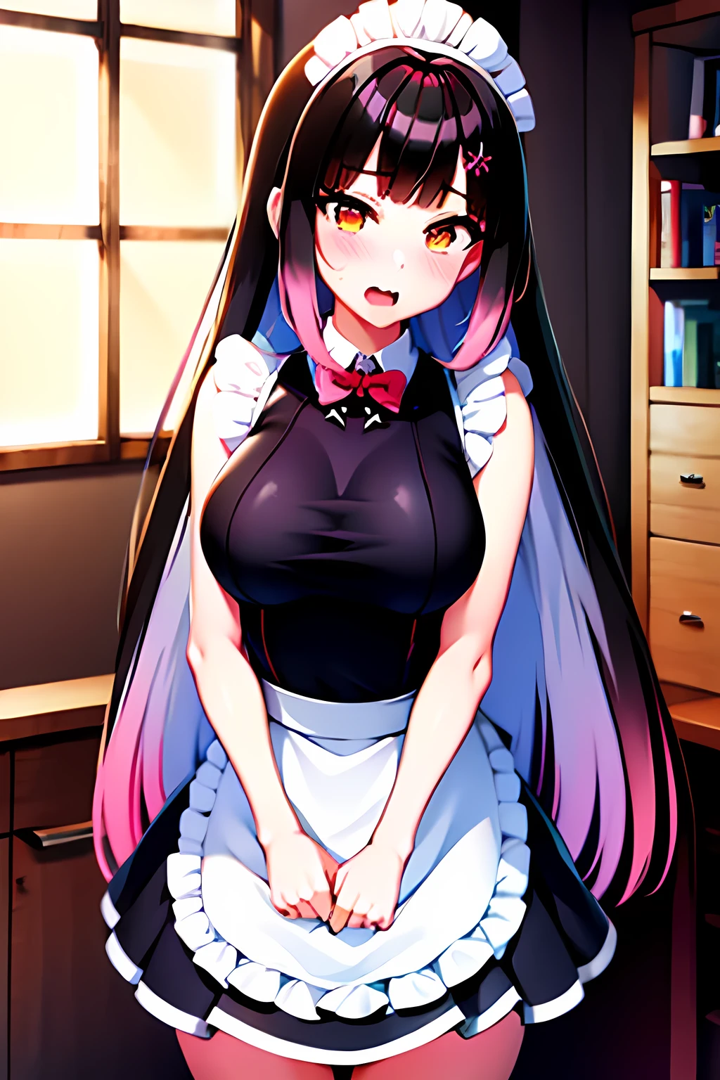 (masterpiece:1.3), (best quality:1.2)(8k, ultra detailed, ultra high res:1.3), ((anime style)), perfect 5 fingers, perfect anatomy, 1girl,
BREAK long hair, braid, black hair, 
red eyes, (detailed eyes:1.2), 
BREAK [medium breasts], maid, maid clothes,maid apron, maid headdress,frilled skirt,
BREAK blush, looking at viewer, cowboy shot, indoor, on the bed, 