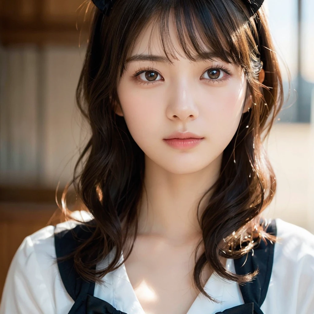 (Photorealistic:1.2), (highest quality), (Detailed skin:1.3), (Intricate details), Ray Tracing,One girl, In detail,real，RAW Photos & Realistic atmosphere,Mouth details,Glossy lips,Fine eyebrows,Soft white skin that shines in every detail,Detailed drawn eyes、eyes are yellow,Very beautiful eyes,Detailed lips、Very beautiful face,Very well-formed face、A vivid face,Beautiful, shining lips, cute日本の女の子,,A little sad look，Looking at the camera, Good figure,Rembrandt Lighting, (Photorealistic:1.2), (highest quality), (Detailed skin:1.3), (Intricate details), Ray Tracing,One girl, In detail,real，Scattered beneath the surface,(blush:0.5), Detailed skin texture, Black Hair, Short Bob Cut,Cat ears headband， (Wavy Hair:1.2), (Blunt bangs:1.2), cute, Black Sailor Suit,(Face Focus:1.1),(Face close-up:1.1),Collarbone Bare Skin,Retro Cafe，Sunset
