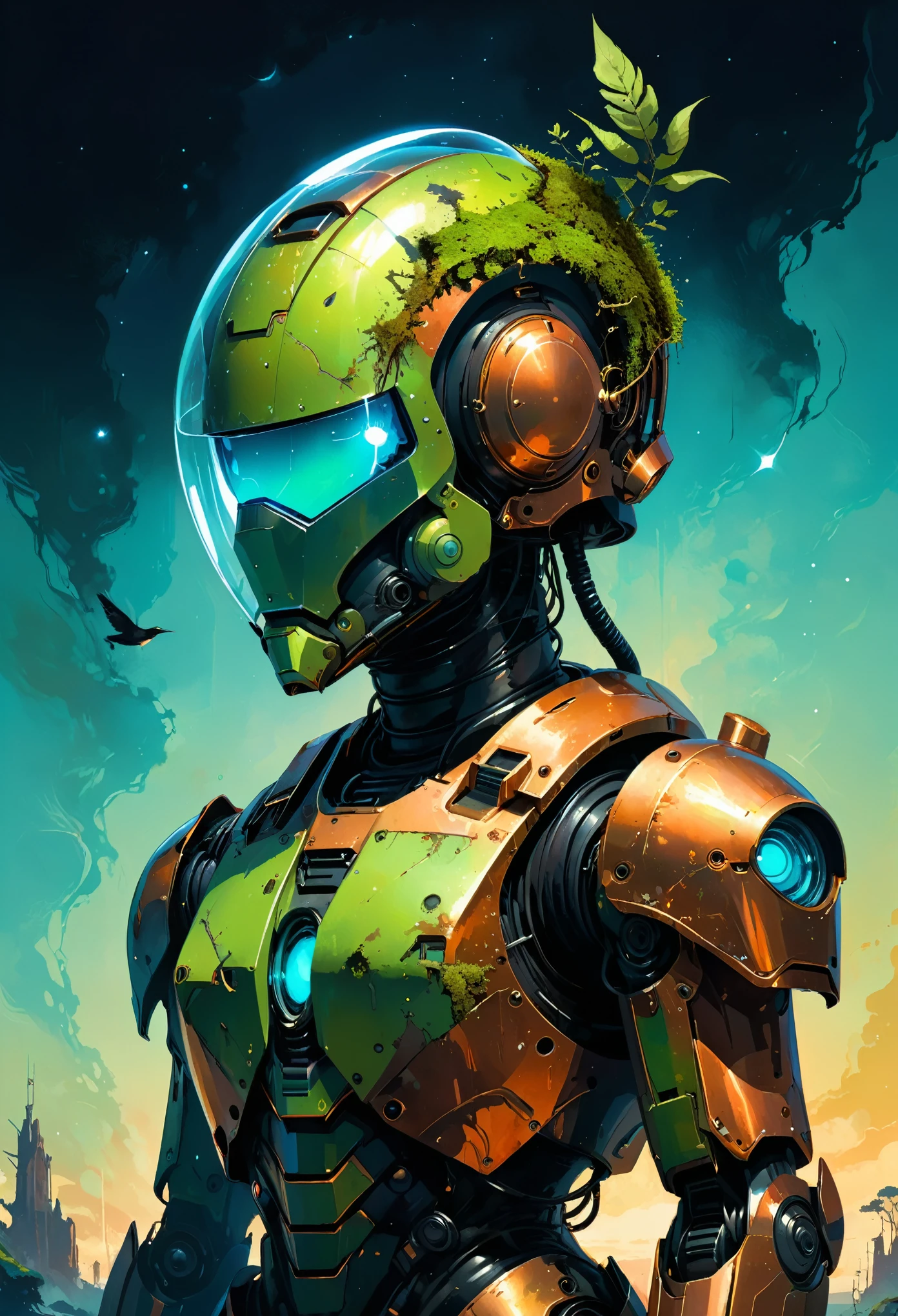 Space art galaxy landscape, concept art, vector, high quality, check the detail information, Unreal Engine, Octane Rendering, Ultra high quality, Ultra-high resolution, Surrealism, painting , drawing by Conrad Roset close up , reflections on helmet a giant robot looking at a bird stopped on its hand , (glass transparent helmet ),bioluminescence,fluorescent helmet, the robot is aged with moss on its rusty bronze armor, night, moonlight shadows, dramatic lighting , gradient pop surrealism , BREAK Detailed,(darkness:1.3),(very detailed shadows:1.3),absolute shadows,absolute darkness,body silhouette,