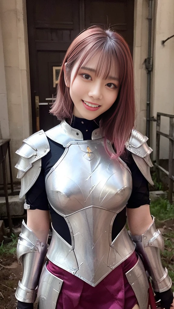 detailed face, cute face, masterpiece, highest quality, Super detailed, figure, Wide-angle, (A warrior girl is walking in the desolate land,desolate world,outdoor,fighting pose,zettai ryouiki:1.35), alone, whole body, 20th Generation, Pink Hair,(silver armor,holy club,holy weapon:1.35), fashion,, composition, balance, Harmony, rhythm, color, Light, Shadow, reflection, refraction, tone, Contrast, prospect, Middle Way, background, Naturalistic, Figurative, Expressive.、(Droopy eyes, Natural Makeup、Ultra-high definition beauty face:1.15)、(Ultra-high resolution perfect beautiful teeth, Medium chest, Narrow waist, smile:1.15)、Ultra HD Shining Eyes、Super high quality glossy lip