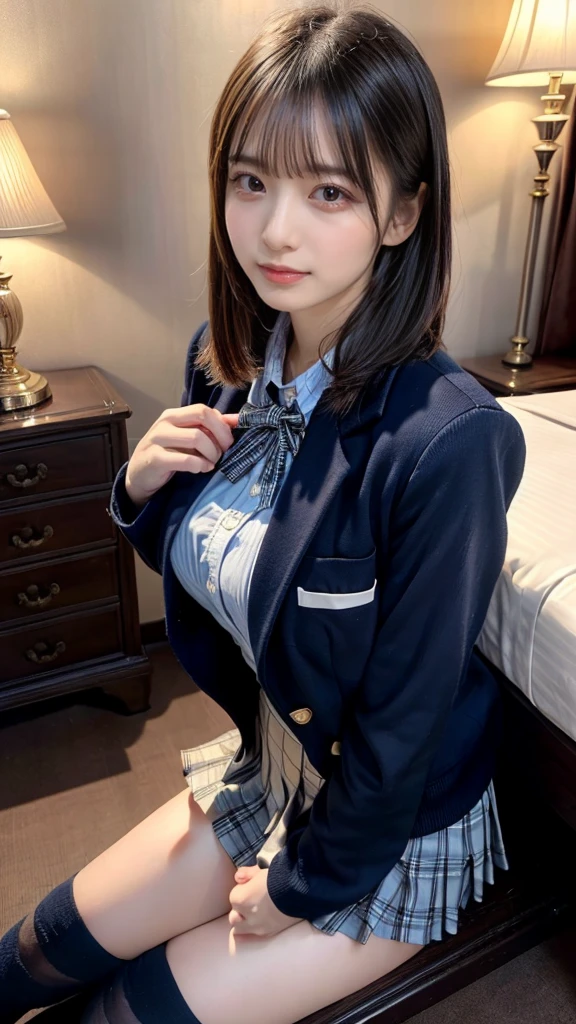 (8k, Raw photo, highest quality, masterpiece:1.2), masterpiece, highest quality, figure, Very detailed, Fine details, High resolution, 8k,wallpaper, Perfect dynamic composition,(Detailed high quality, Realistic depiction of eyes:1.3), ((2 girls, 2 high school girls)), The background is a room in a luxury hotel、 uniform、blazer 、Super Short Check Uniform Skirt、Navy blue knee-high socks、garter belt、huge 、Disheveled uniform, Play with each other,Touching each other's bodies,Touching the body of the girl next door, Short Bob Hair, Black hair color, hugeな胸, Big Natural Color Lip, Bold sexy pose, (Perfect figure), Crying a little、Cold Stare, Beautiful Makeup,Glitter makeup,The cutest 18 year old, Beautiful feet, Gravure idol pose, Voluptuous thighs