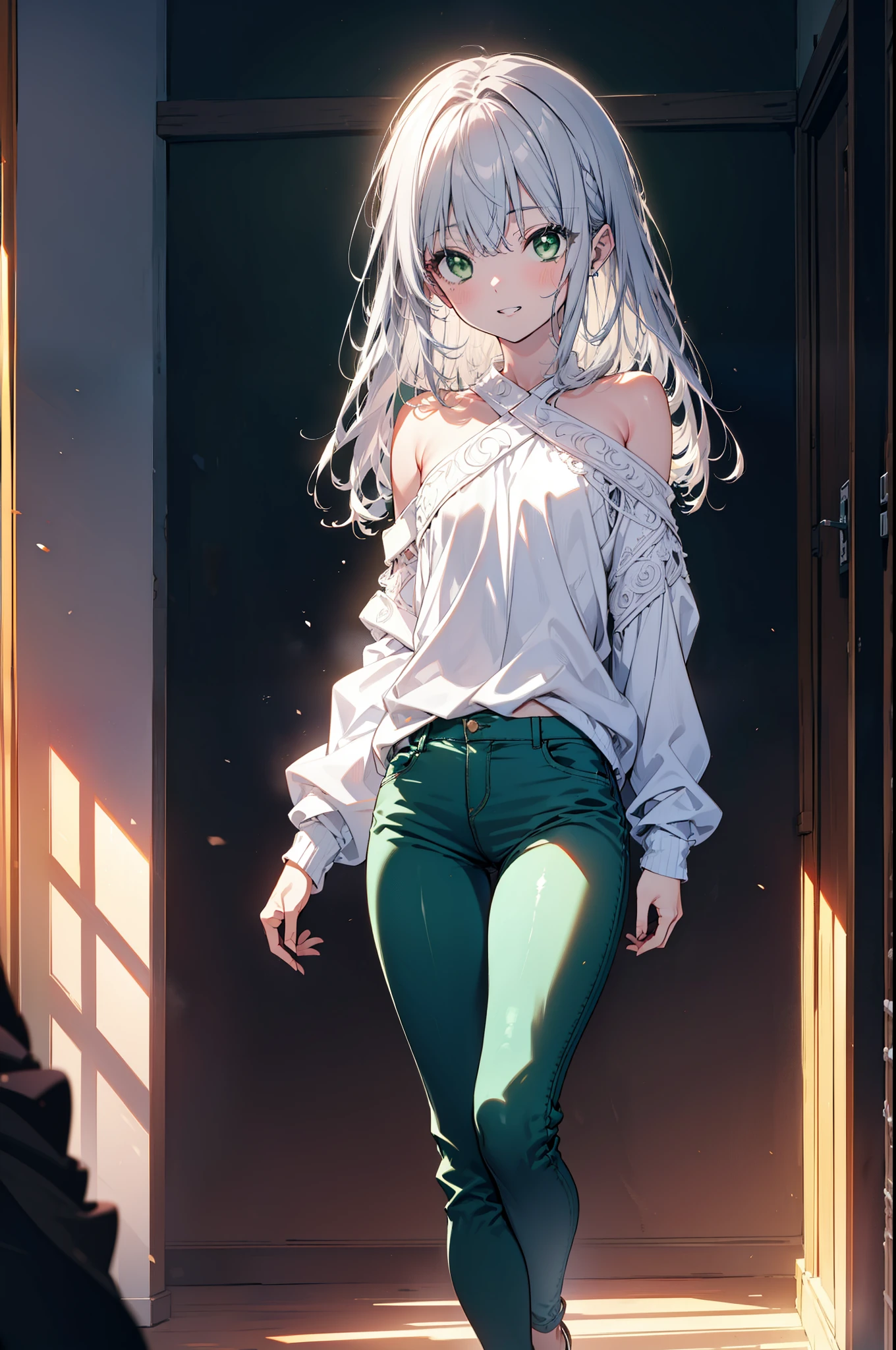 index, index, (Green Eyes:1.5), Silver Hair, Long Hair, (Flat Chest:1.2),Grin,Oversized one-shoulder sweater,Skinny jeans,Stiletto heels,Sunset,evening,The sun is setting,Walking,whole bodyがイラストに入るように,Cold Sky,White Breath,
break looking at viewer, whole body,
break outdoors, Building district,
break (masterpiece:1.2), highest quality, High resolution, unity 8k wallpaper, (figure:0.8), (Beautiful fine details:1.6), Highly detailed face, Perfect lighting, Highly detailed CG, (Perfect hands, Perfect Anatomy),