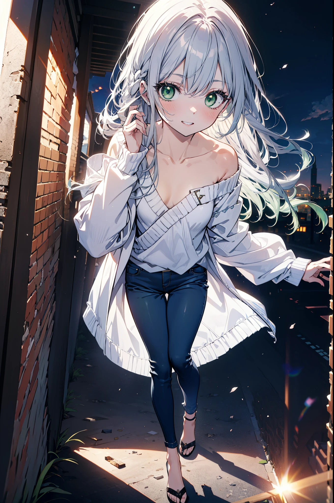 index, index, (Green Eyes:1.5), Silver Hair, Long Hair, (Flat Chest:1.2),Grin,Oversized one-shoulder sweater,Skinny jeans,Stiletto heels,Sunset,evening,The sun is setting,Walking,whole bodyがイラストに入るように,Cold Sky,White Breath,
break looking at viewer, whole body,
break outdoors, Building district,
break (masterpiece:1.2), highest quality, High resolution, unity 8k wallpaper, (figure:0.8), (Beautiful fine details:1.6), Highly detailed face, Perfect lighting, Highly detailed CG, (Perfect hands, Perfect Anatomy),