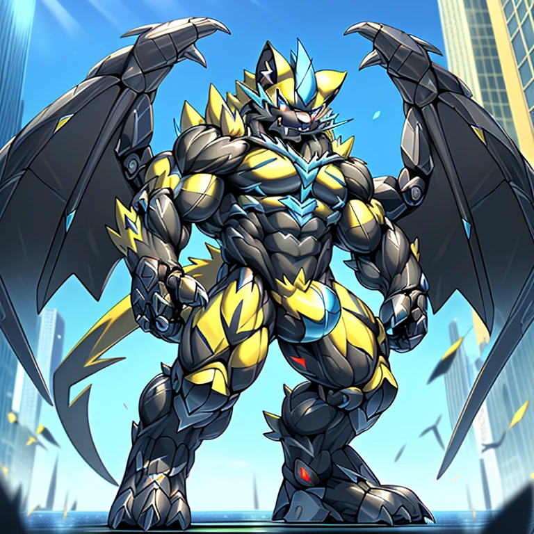 (ZERAORA, 8K), (giant zeraora, Zeraora's giant robot, Powered exoskeleton with the same design as Zeraora), (Masterpiece, highres) (Detailed head, Detailed Body, Detailed abs, full body) (gigantic muscles, Gigachad Muscular, big muscle, pecs, triceps, traps, unusually developed muscular body, body full of huge muscles. showing off muscles, pectorales enormes, Exaggeratedly huge muscles.)
(nj5furry, The claws are sharp, Sharp teeth, sharp claws), (long legs, giant), (Spread wings, It has wings, have big wings, golden wings),
(whole body shines like metal, Wearing cyberpunk mecha, emphasizes the muscles, suit fully made of metal, intricate armor, Robotic suit, suit fully made of metal, cyborg),
(black color hyper penis, hyper black penis), menacing pose, (giant monster spider image zeraora in the city, zeraora towering over new york),