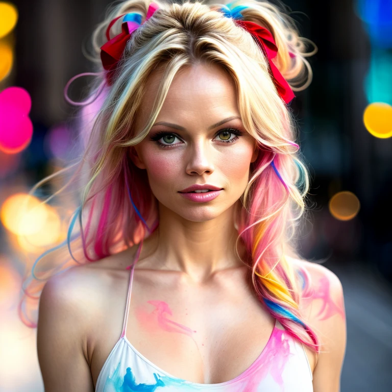 (8k, best quality, masterpiece:1.2),(best quality:1.0), (ultra highres:1.0), pencil colors, Pamela Anderson, shoulder, hair ribbons, by agnes cecile, full body photography, extremely luminous bright design, pastel colors, (ink:1.3), autumn lights,