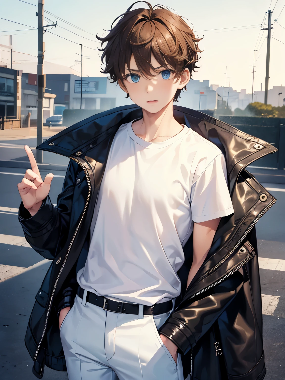 1boy,guy,Standing,Panic expression,half body photo,18 years old,Curly hair,medium hair,undercut hairstyle,light brown hair,black jacket,Leather jacket,blue eyes,white t-shirt,white trousers,morning,ultra detail,masterpiece