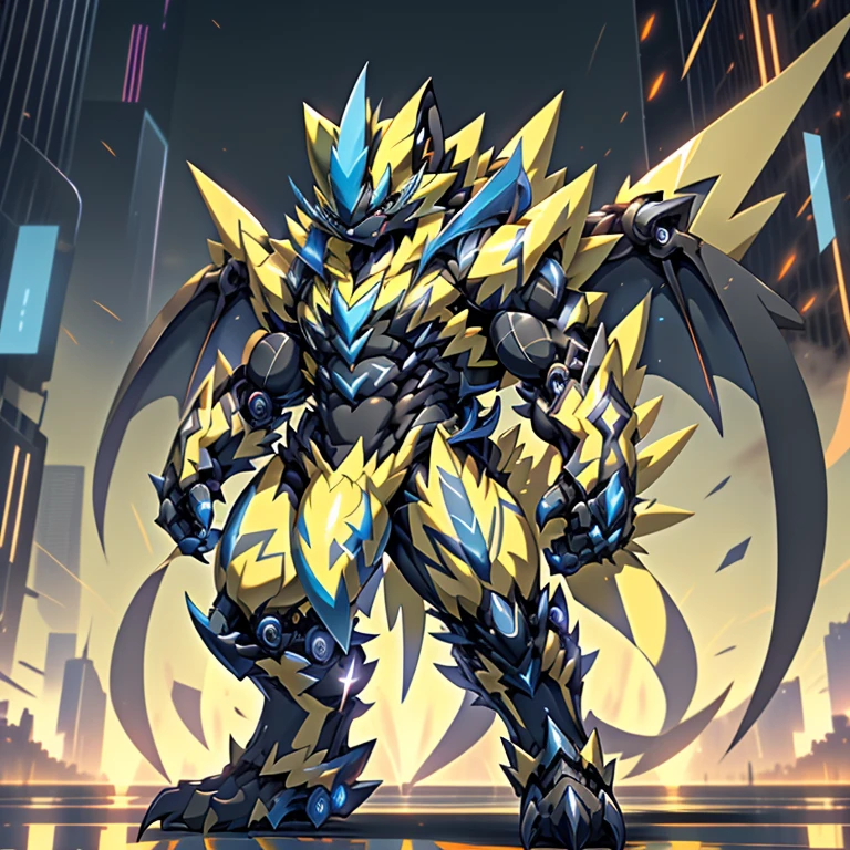 (ZERAORA, 8K), (giant zeraora, Zeraora's giant robot, Powered exoskeleton with the same design as Zeraora), (Masterpiece, highres) (Detailed head, Detailed Body, Detailed abs, full body) (gigantic muscles, Gigachad Muscular, big muscle, pecs, triceps, traps, unusually developed muscular body, body full of huge muscles. showing off muscles, pectorales enormes, Exaggeratedly huge muscles.) 
(nj5furry, The claws are sharp, Sharp teeth, sharp claws), (long legs, giant), (Spread wings, It has wings, have big wings, golden wings), 
(whole body shines like metal, Wearing cyberpunk mecha, emphasizes the muscles, suit fully made of metal, intricate armor, Robotic suit, suit fully made of metal, cyborg), 
(black color hyper penis, hyper black penis), menacing pose, (giant monster spider image zeraora in the city, zeraora towering over new york),